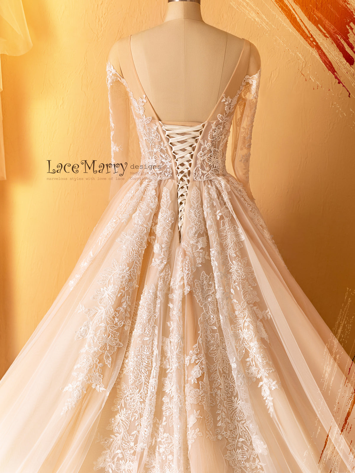 Lace up Back Wedding Gown with Long Lacy Sleeves