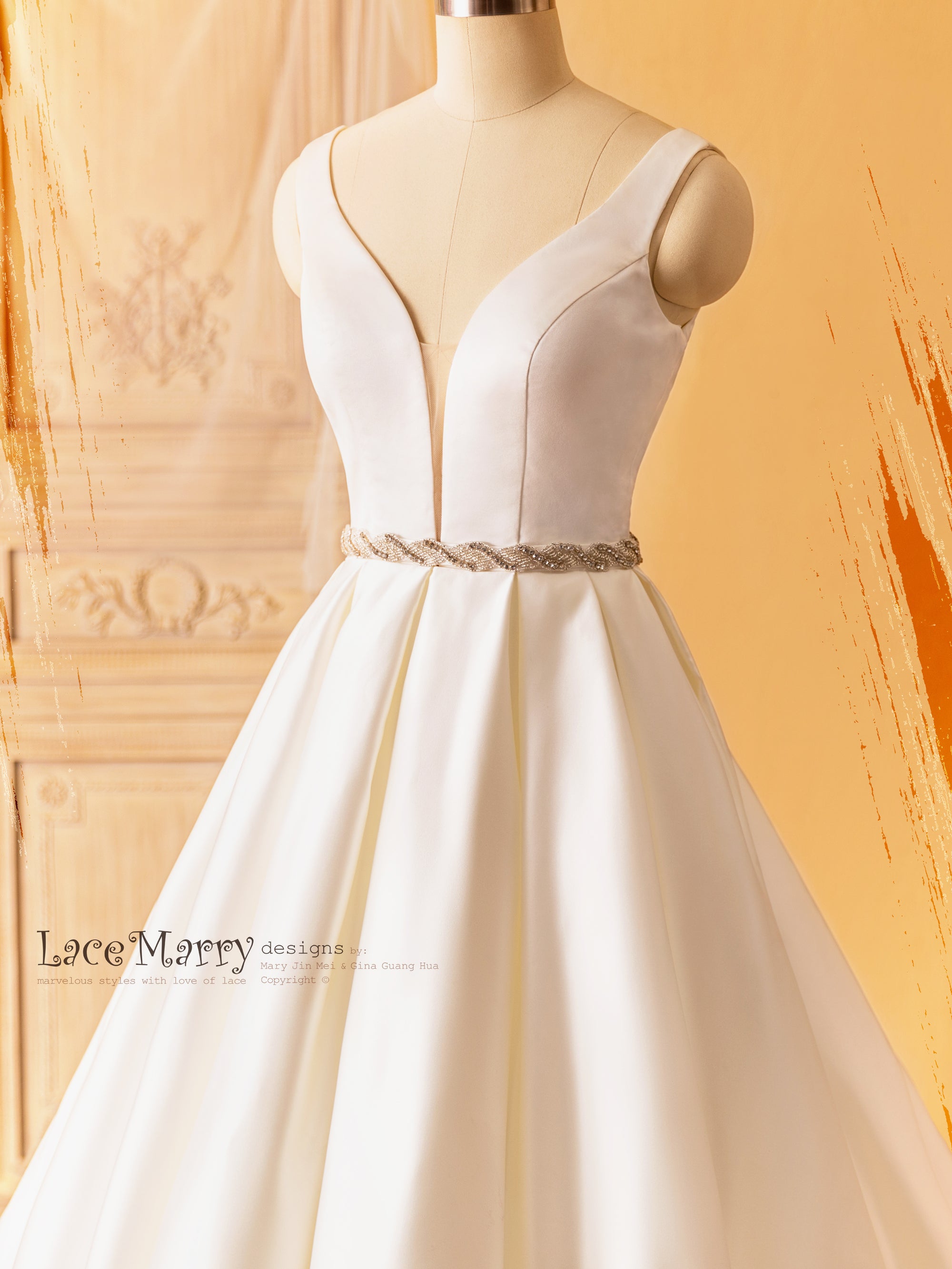 Deep Plunge Wedding Dress with Satin A Line Shape