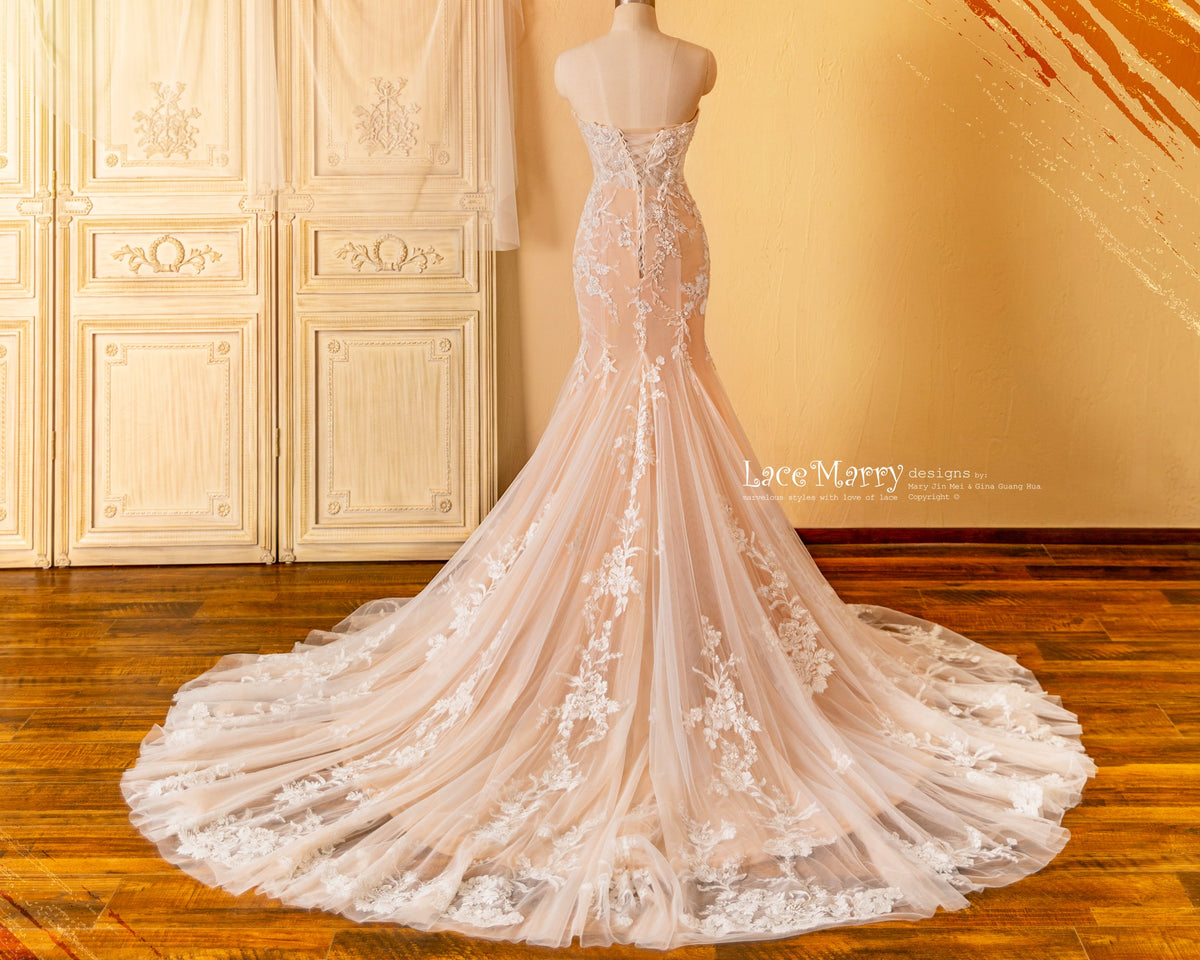 mermaid pink wedding dress ROSALEEN / Strapless Wedding Dress with Long Removable Sleeves