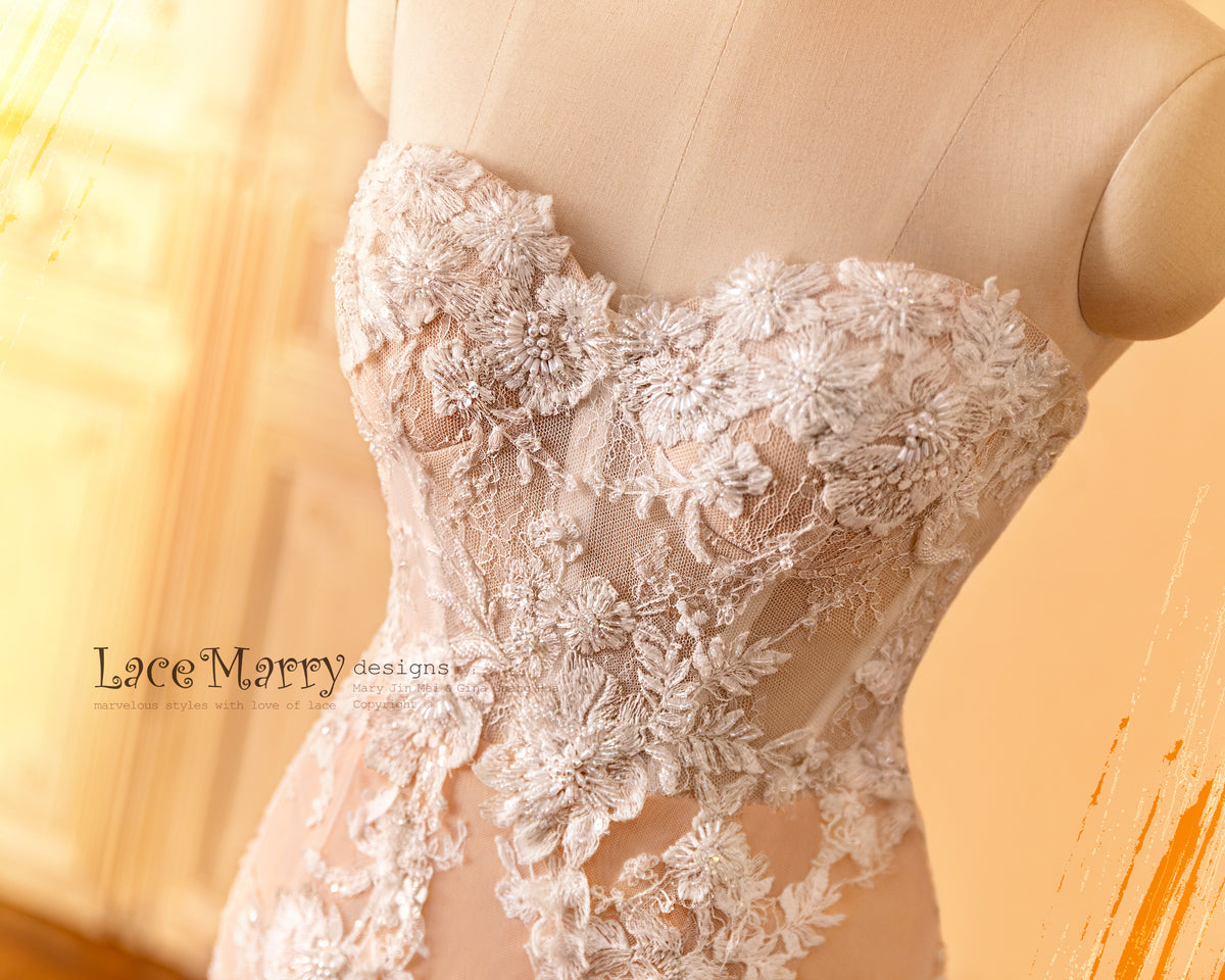 Strapless Wedding Dress with 3D Flower Appliques