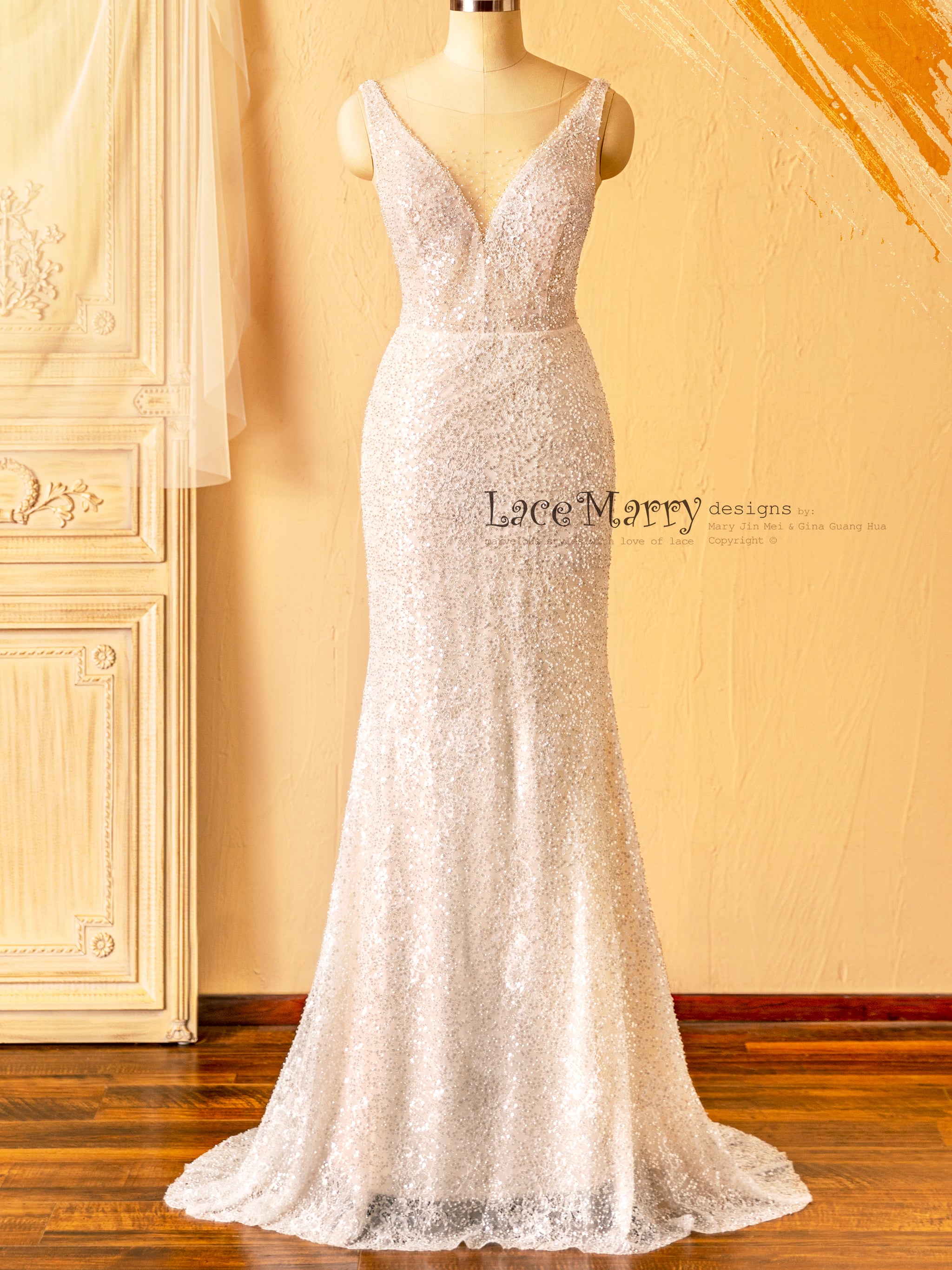 ZURI / Elegant Sparkling Wedding Dress with Illusion Neckline - LaceMarry ZURI / Elegant Sparkling Wedding Dress with Illusion Neckline - LaceMarry