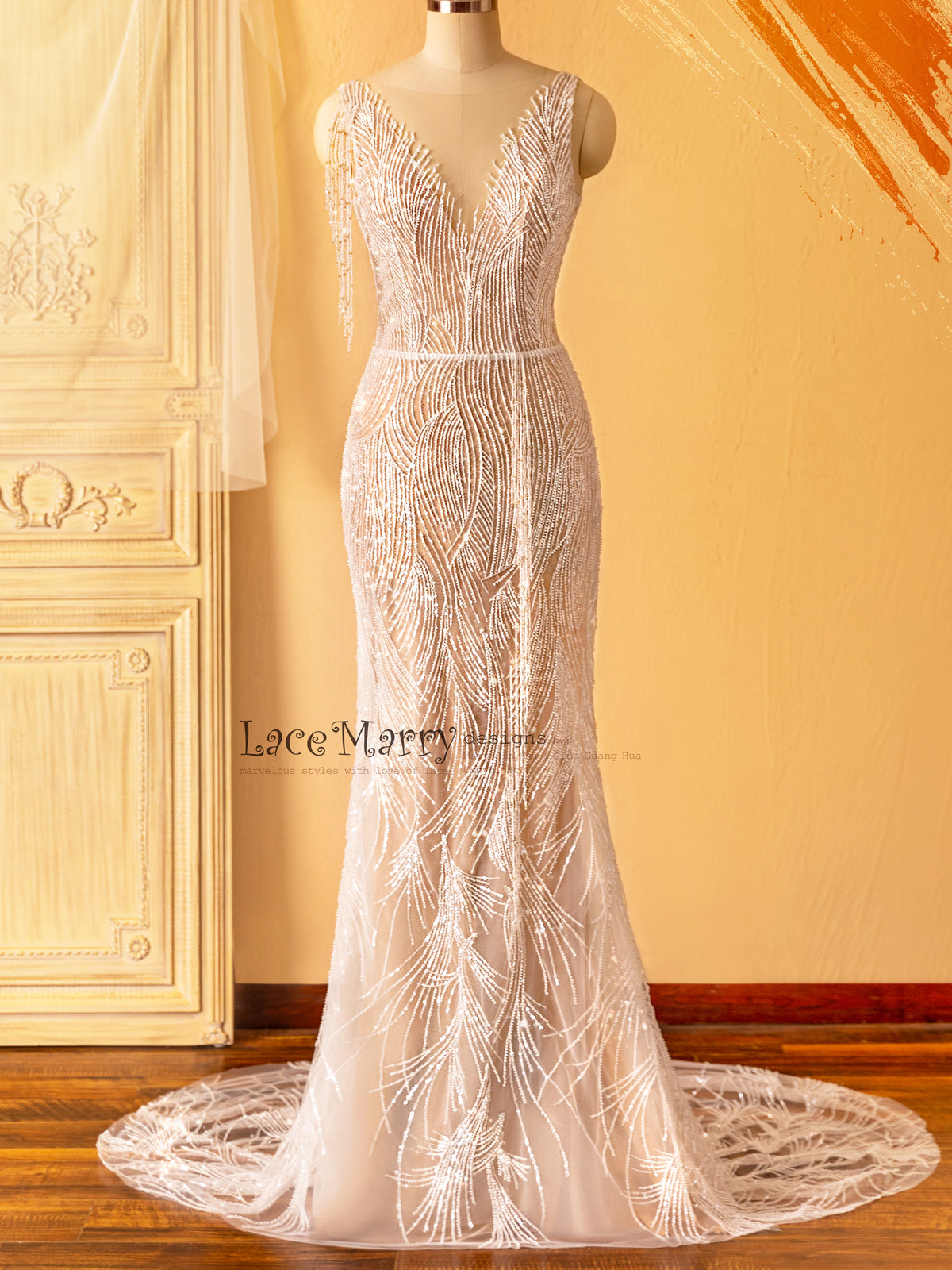 MARGO / Beaded Sheath Wedding Dress in Nude Color - LaceMarry MARGO / Beaded Sheath Wedding Dress in Nude Color - LaceMarry