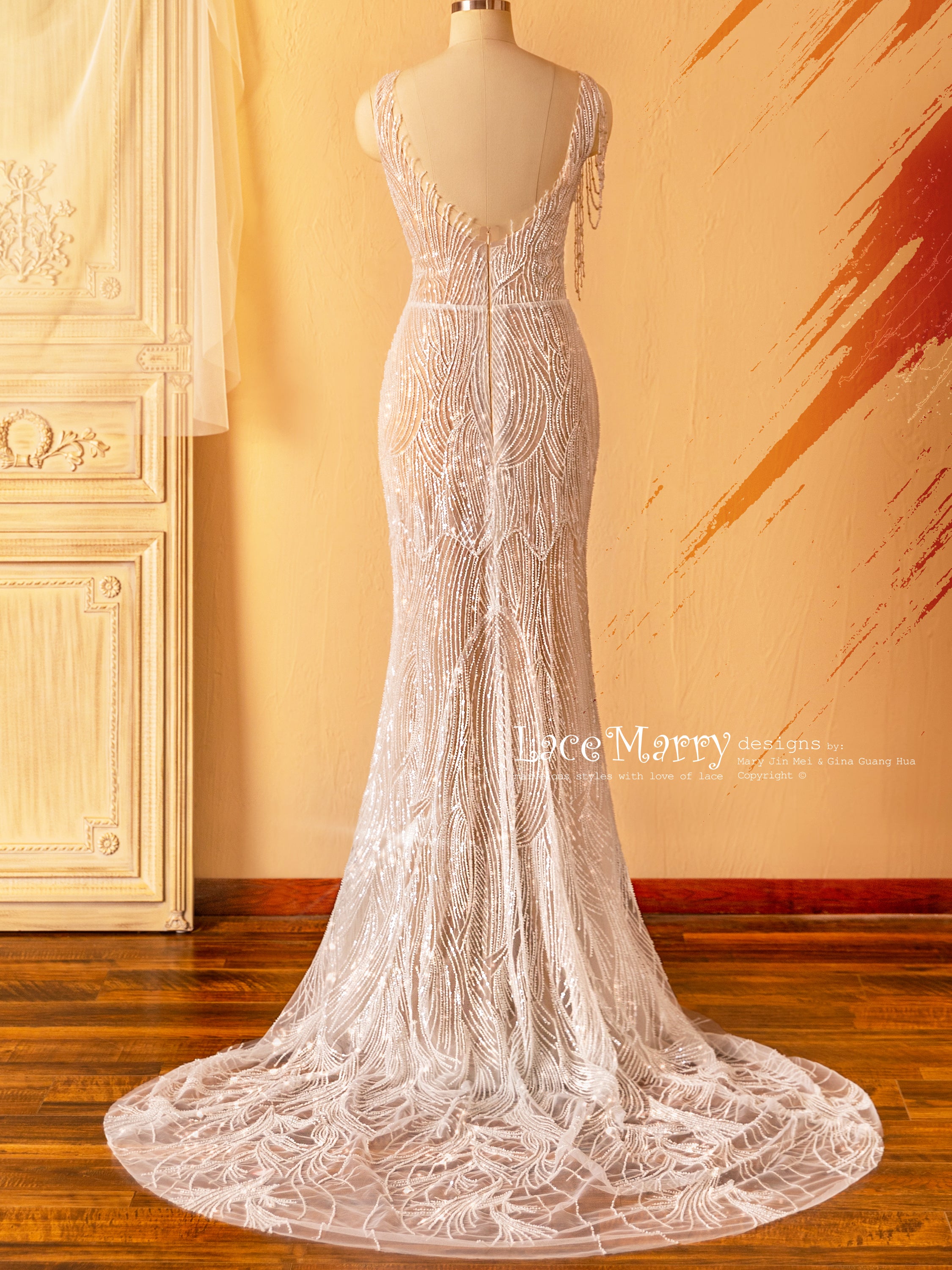 MARGO / Beaded Sheath Wedding Dress in Nude Color