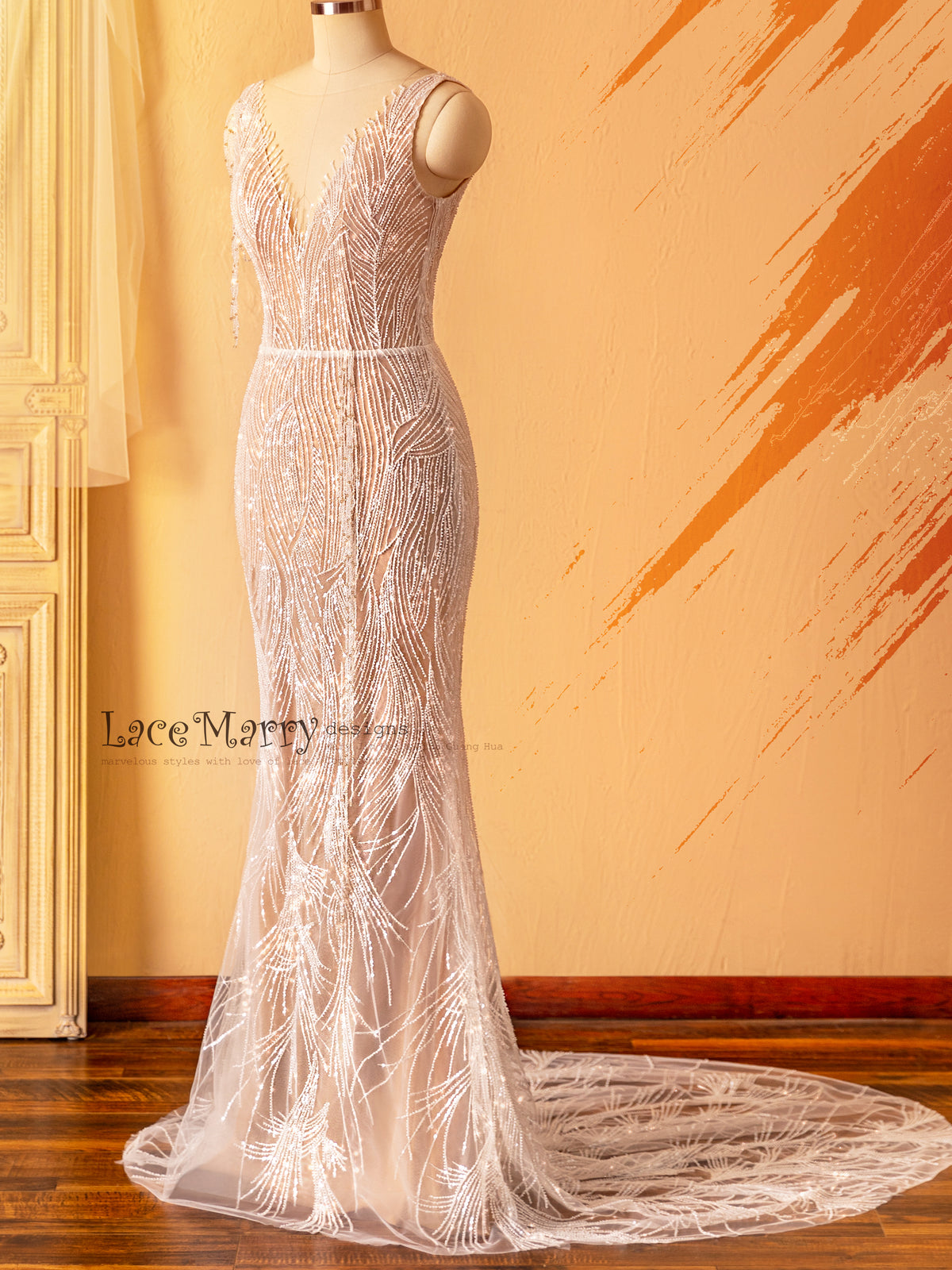 MARGO / Beaded Sheath Wedding Dress in Nude Color