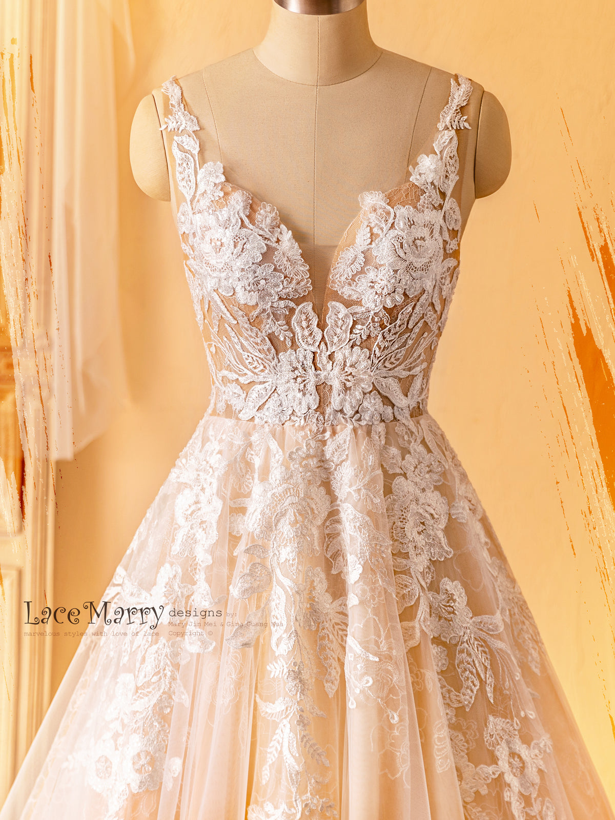 CELINE / Enchanting Lace Wedding Dress with Flower Embroidery - LaceMarry CELINE / Enchanting Lace Wedding Dress with Flower Embroidery - LaceMarry