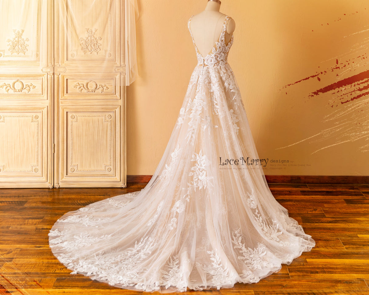 CELINE / A Line Wedding Dress with Flutter Sleeves - LaceMarry CELINE / A Line Wedding Dress with Flutter Sleeves - LaceMarry
