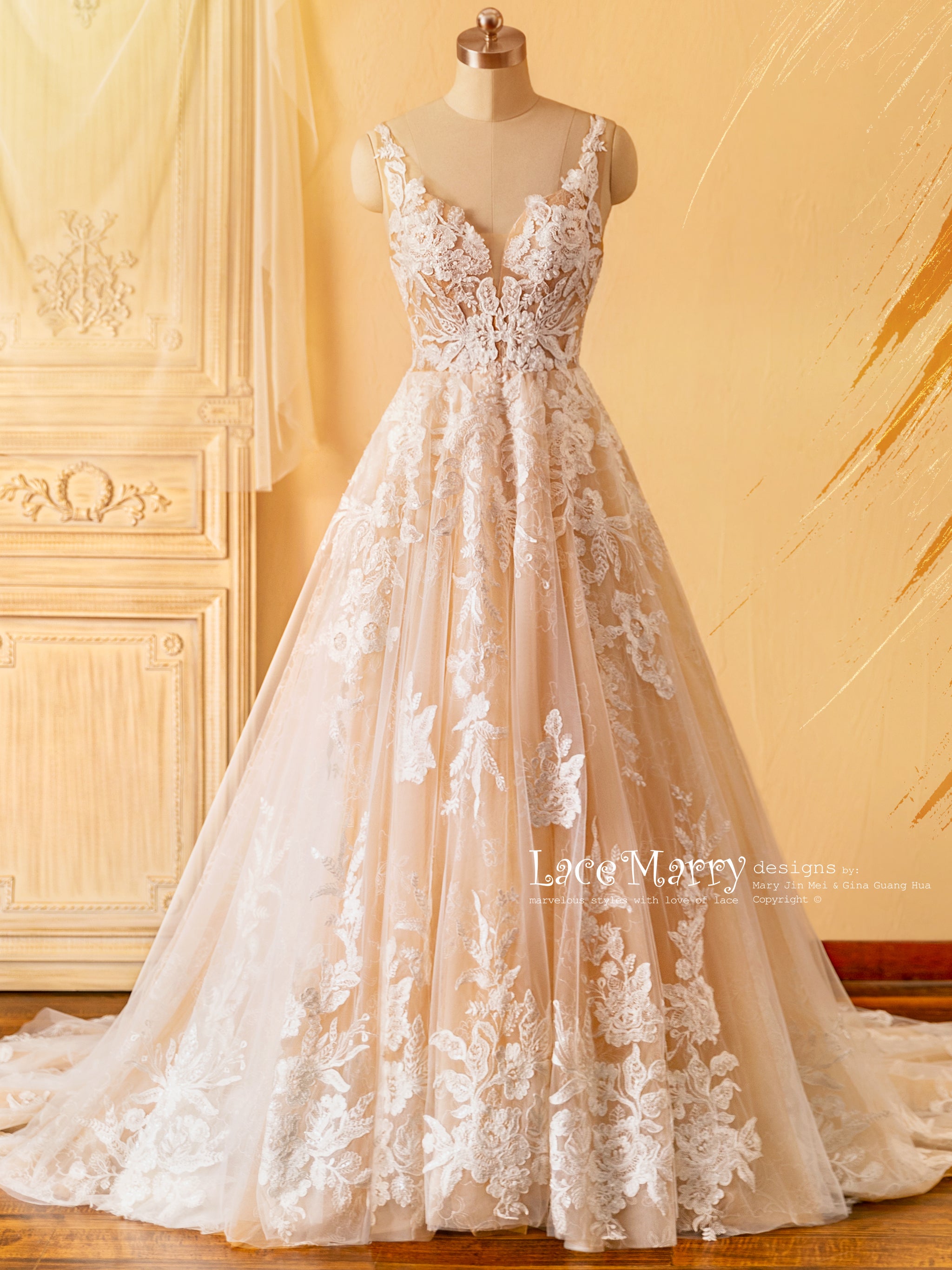 CELINE / Enchanting Lace Wedding Dress with Flower Embroidery - LaceMarry