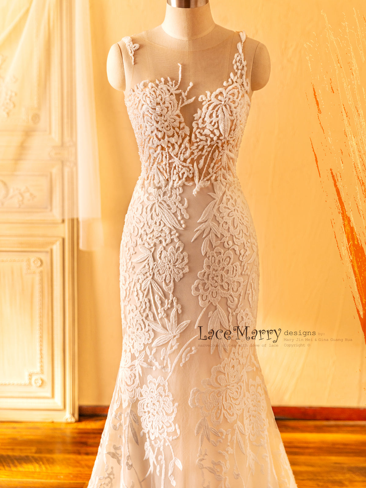 Gorgeous Light Design Wedding Dress with Illusion Neck