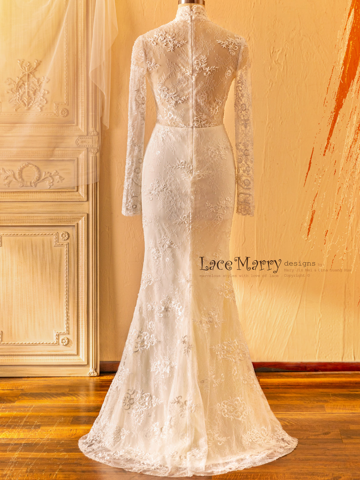 Full Lace Back Wedding Dress with Long Sleeves