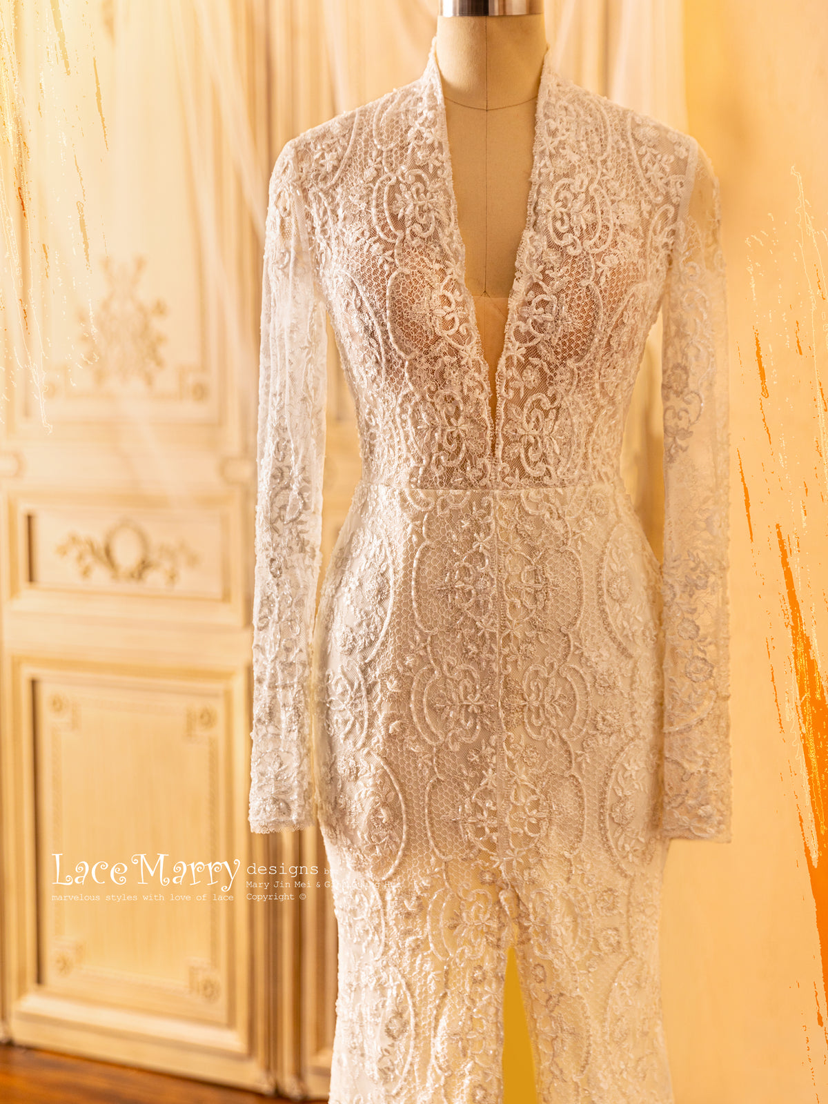 Deep Plunge Wedding Dress with Intensive Beading