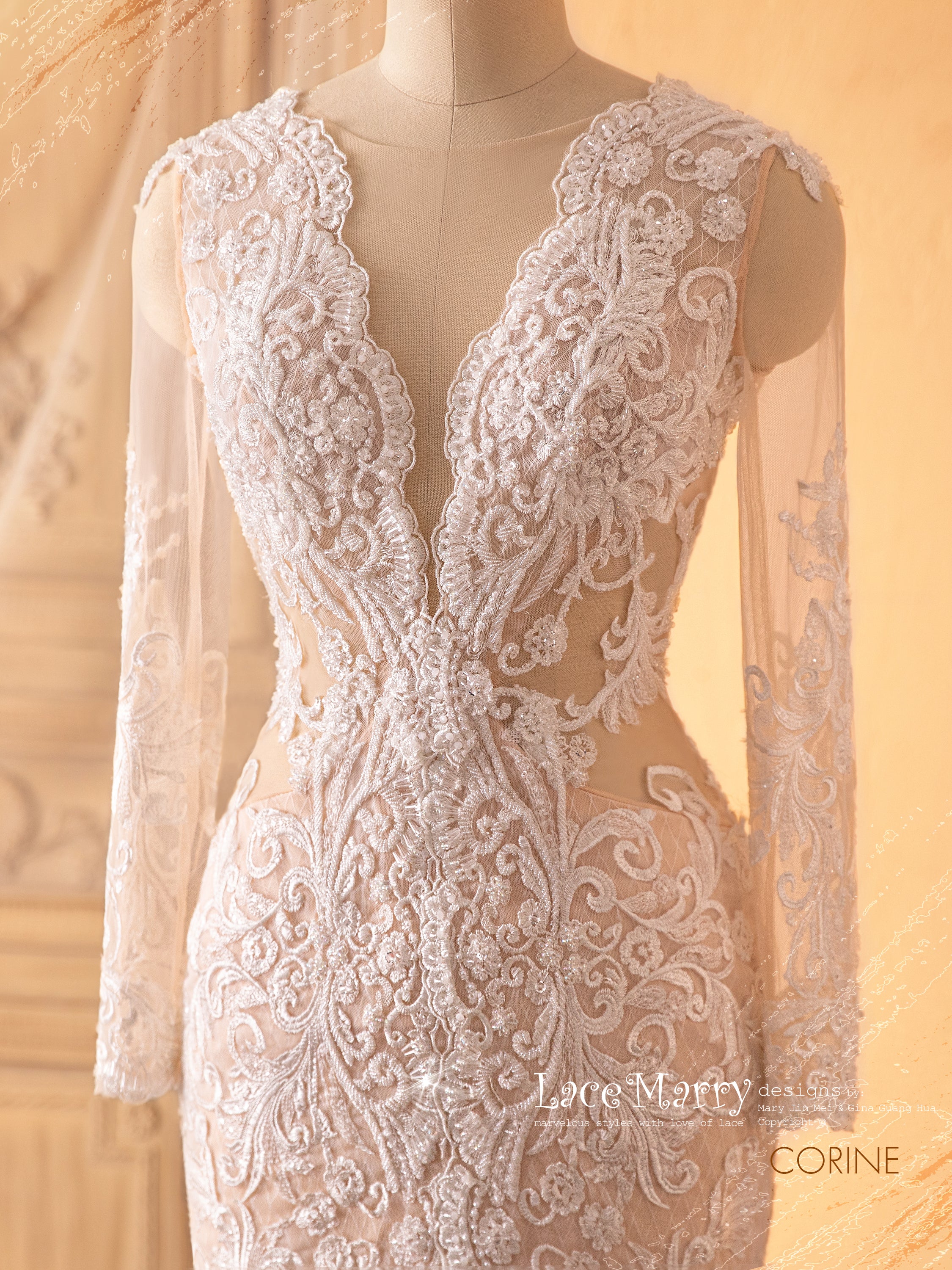 Round Neck V-neck Illusion Lace Tulle Lace Up Wedding Dresses, WD0214