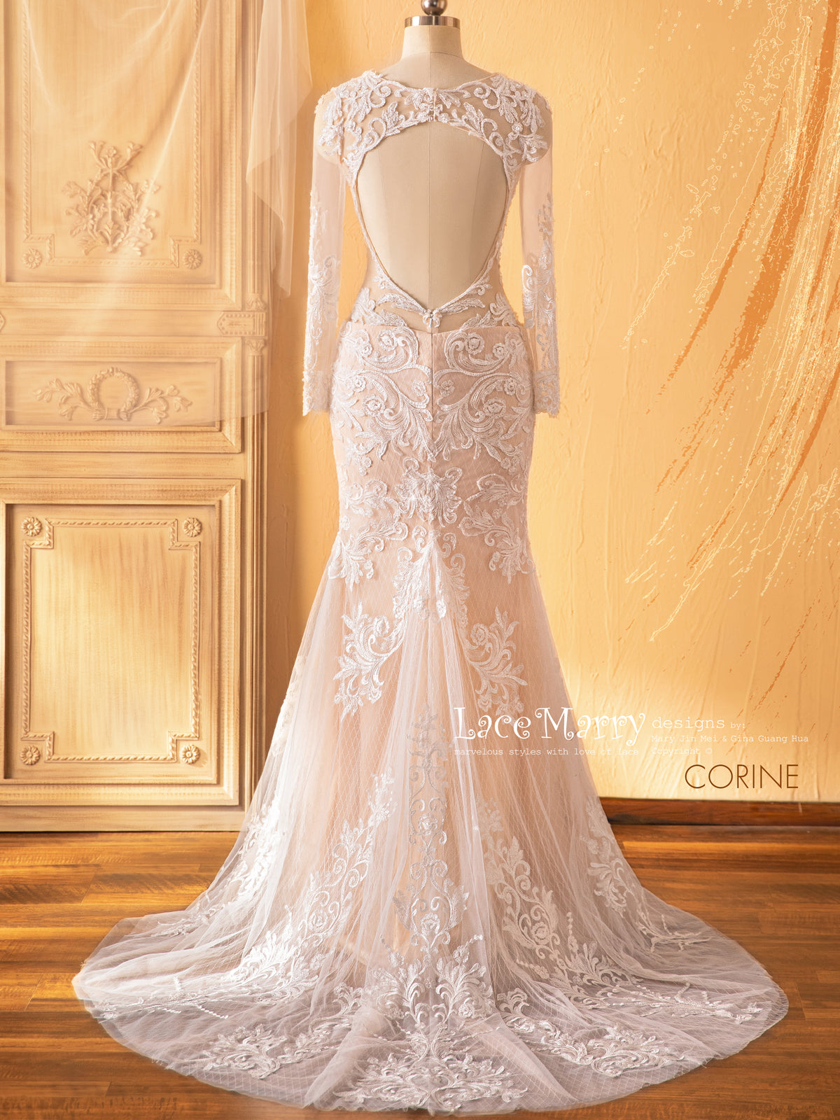 CORINE / Lace Wedding Dress with Illusion Slit on the Skirt