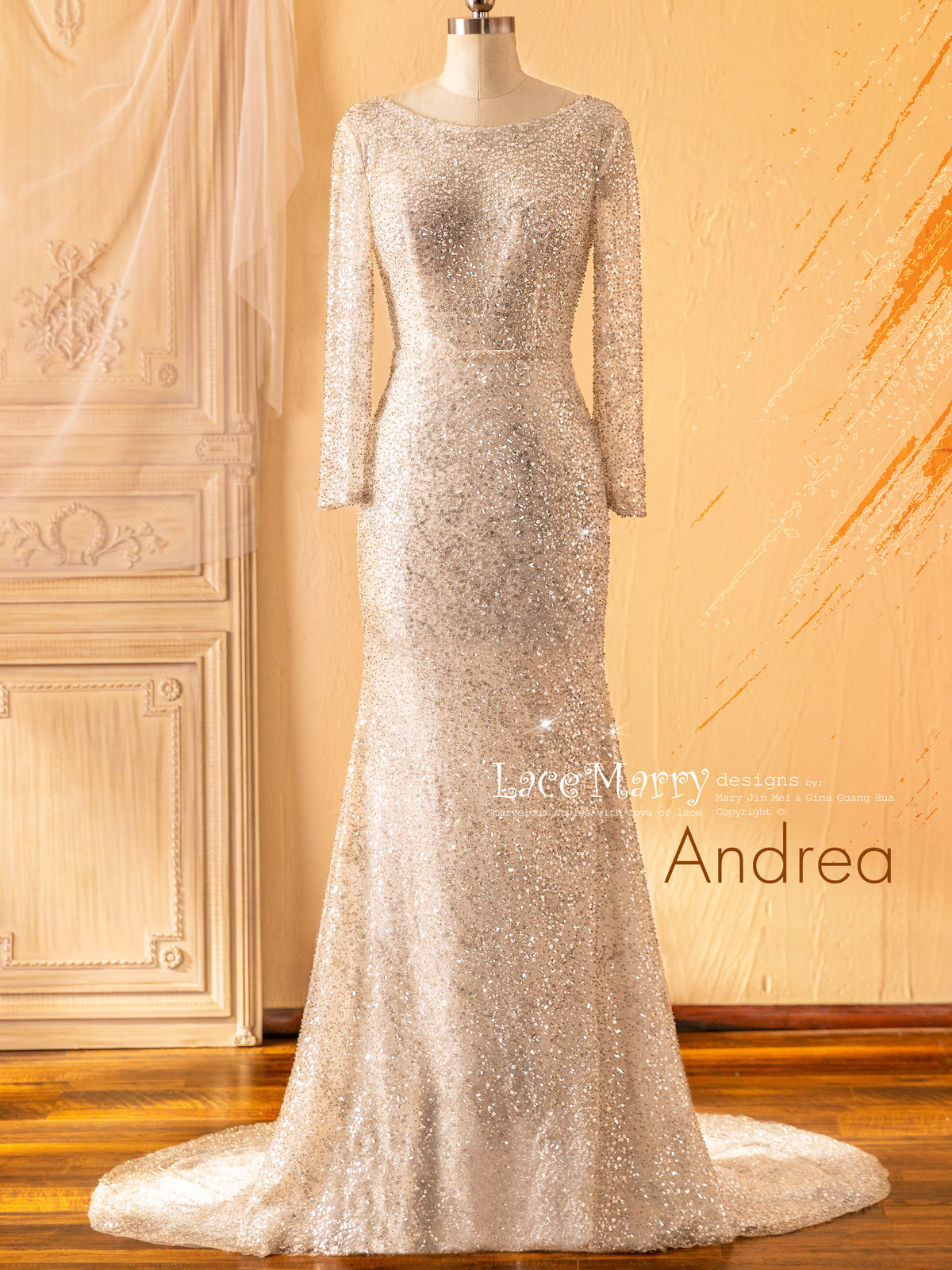 ANDREA / Long Sleeve Sparkling Sequin Wedding Dress with Open Back - LaceMarry ANDREA / Long Sleeve Sparkling Sequin Wedding Dress with Open Back - LaceMarry