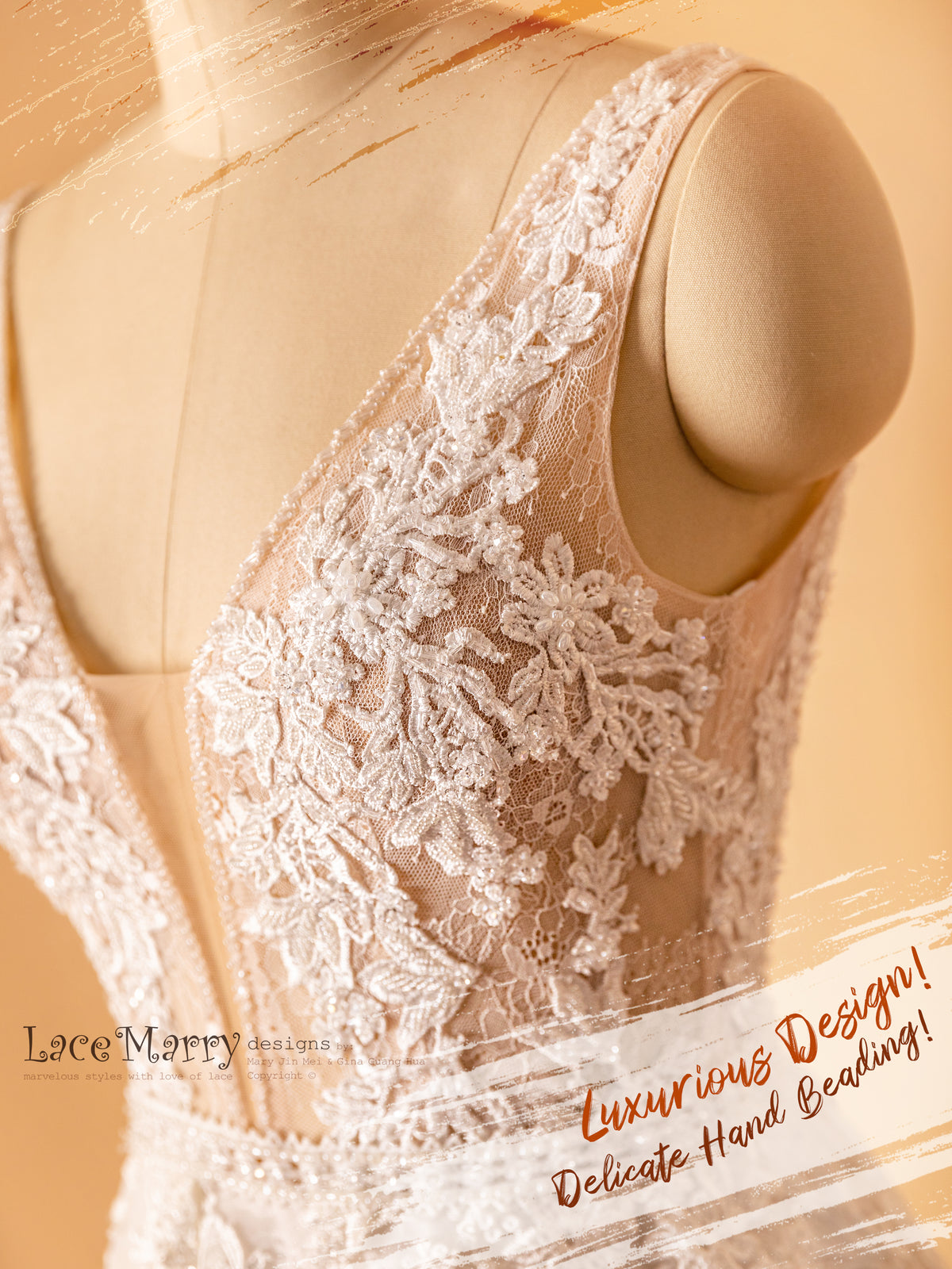 ZELDA / Fascinating A Line Wedding Dress with Deep Plunge Neckline - LaceMarry ZELDA / Fascinating A Line Wedding Dress with Deep Plunge Neckline - LaceMarry