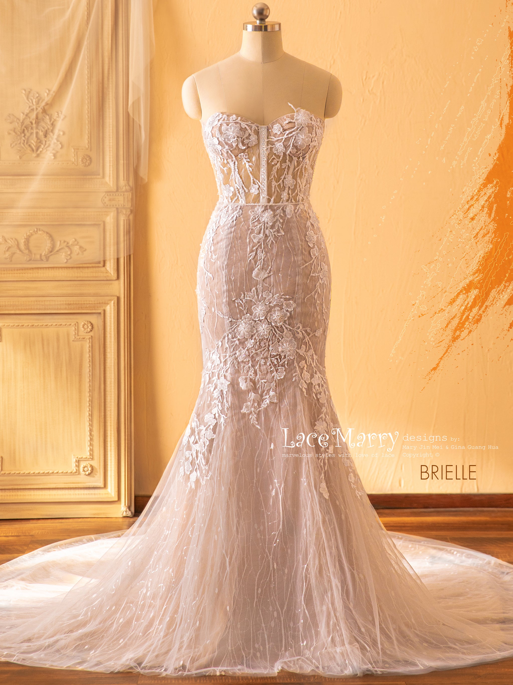 BRIELLE / Strapless Fitted Wedding Dress with Amazing Flower Decoratio - LaceMarry BRIELLE / Strapless Fitted Wedding Dress with Amazing Flower Decoratio - LaceMarry