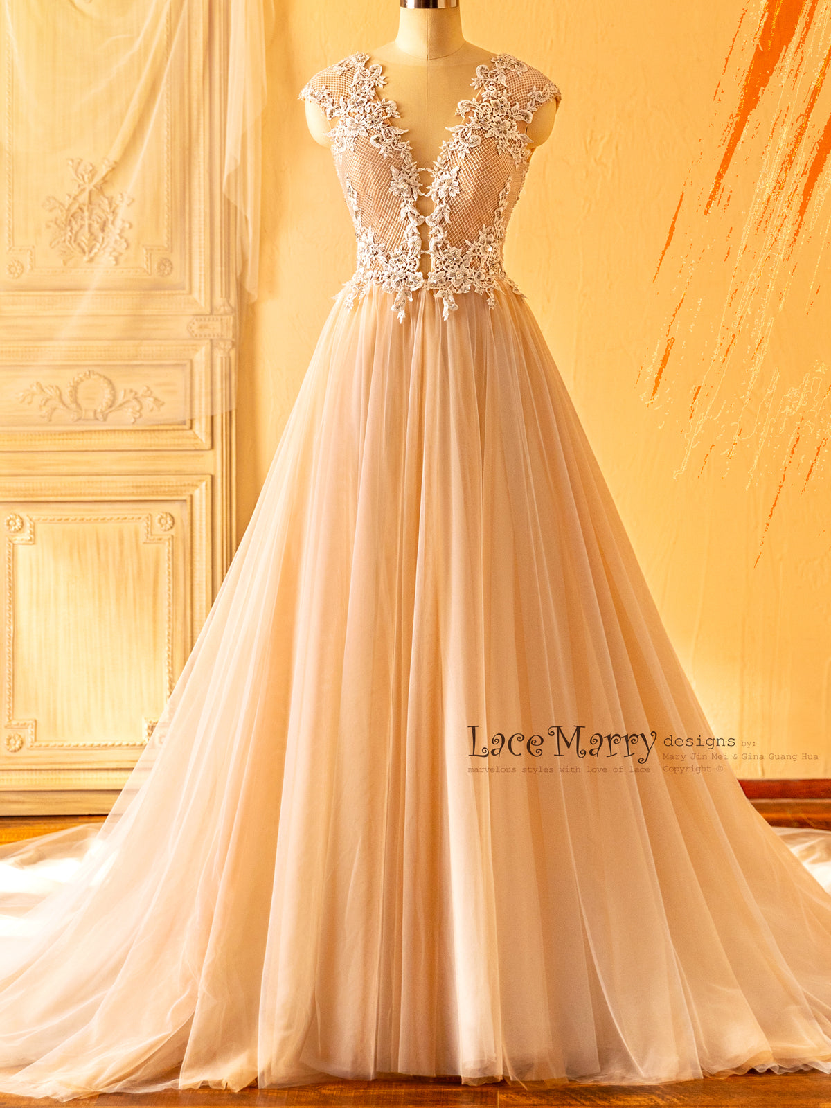A Line Wedding Dress with Plunge Neck