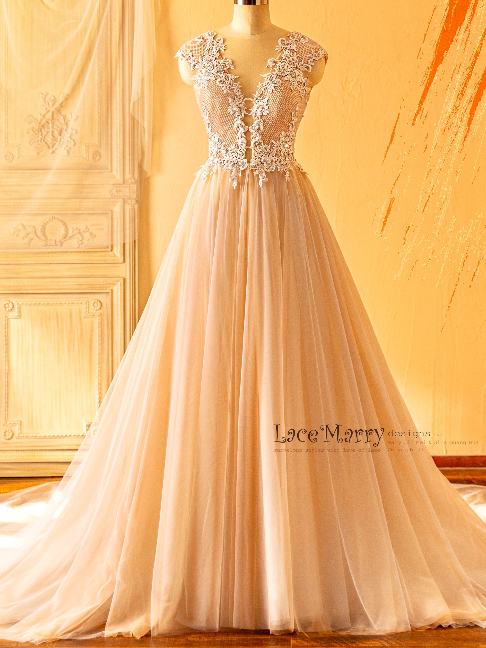 A Line Wedding Dress with Plunge Neck