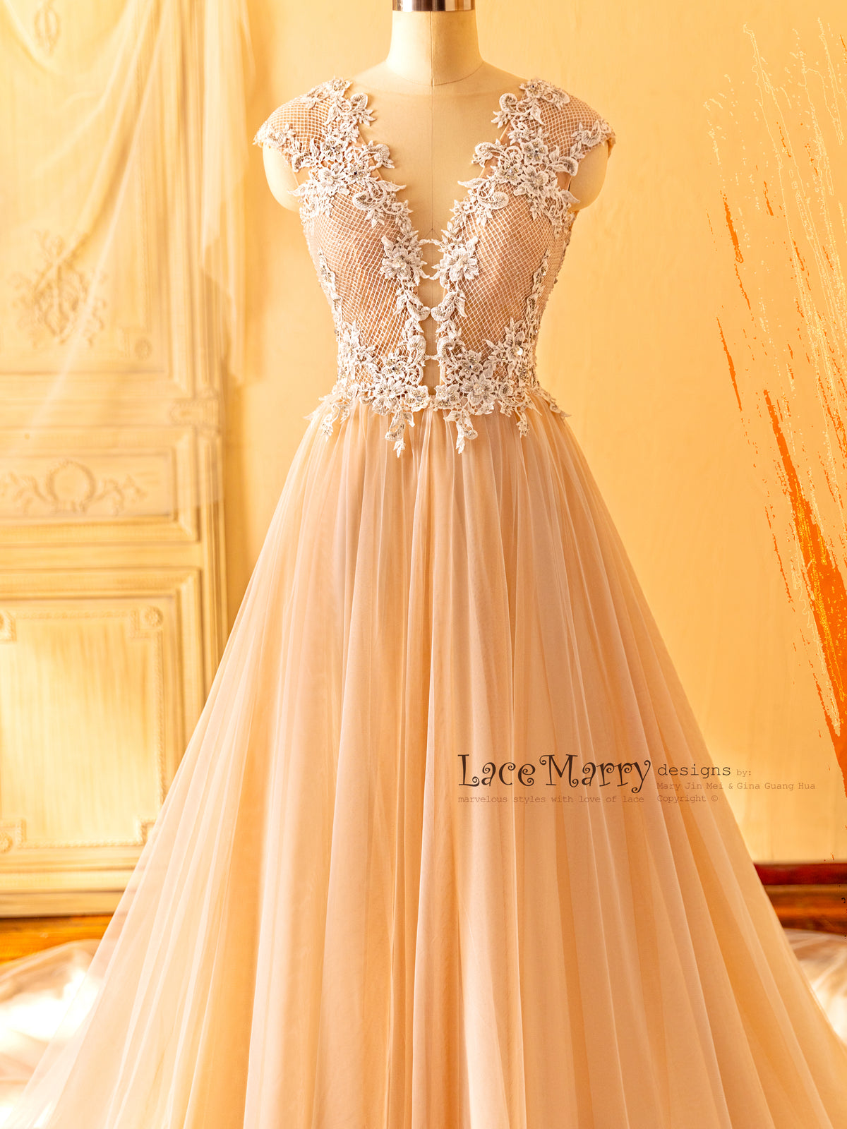 Gorgeous Contrast Lace Wedding Dress with Beading