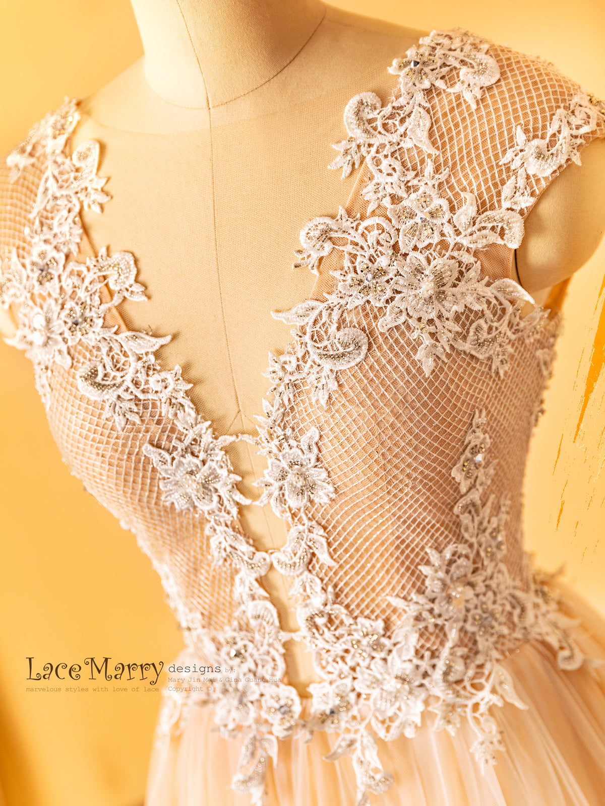 Deep Sexy Neckline Wedding Dress with Lace Design