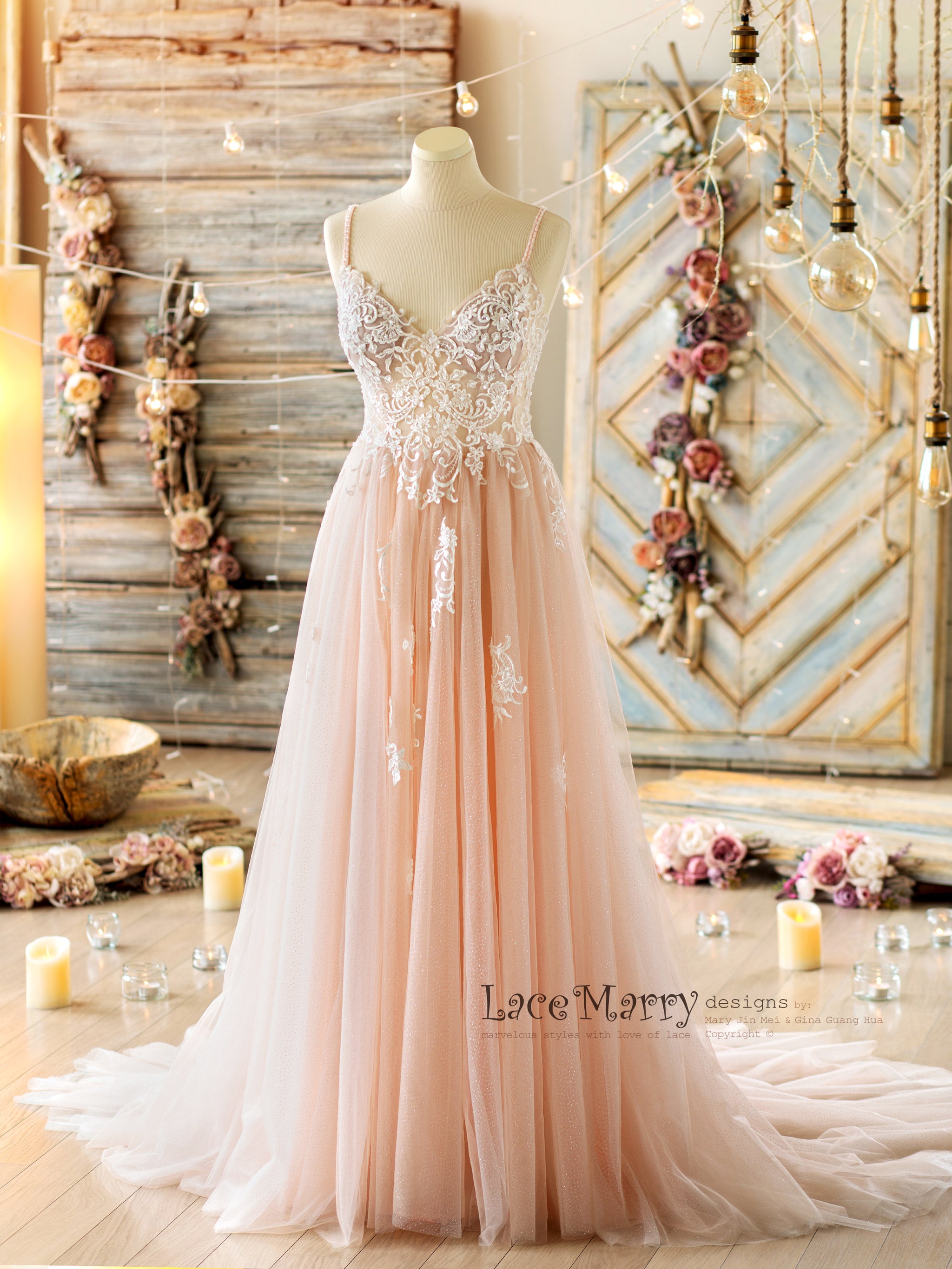 Blush Pink Straight Across Lace Top A-line Tulle Asymmetric Long Prom –  SposaBridal