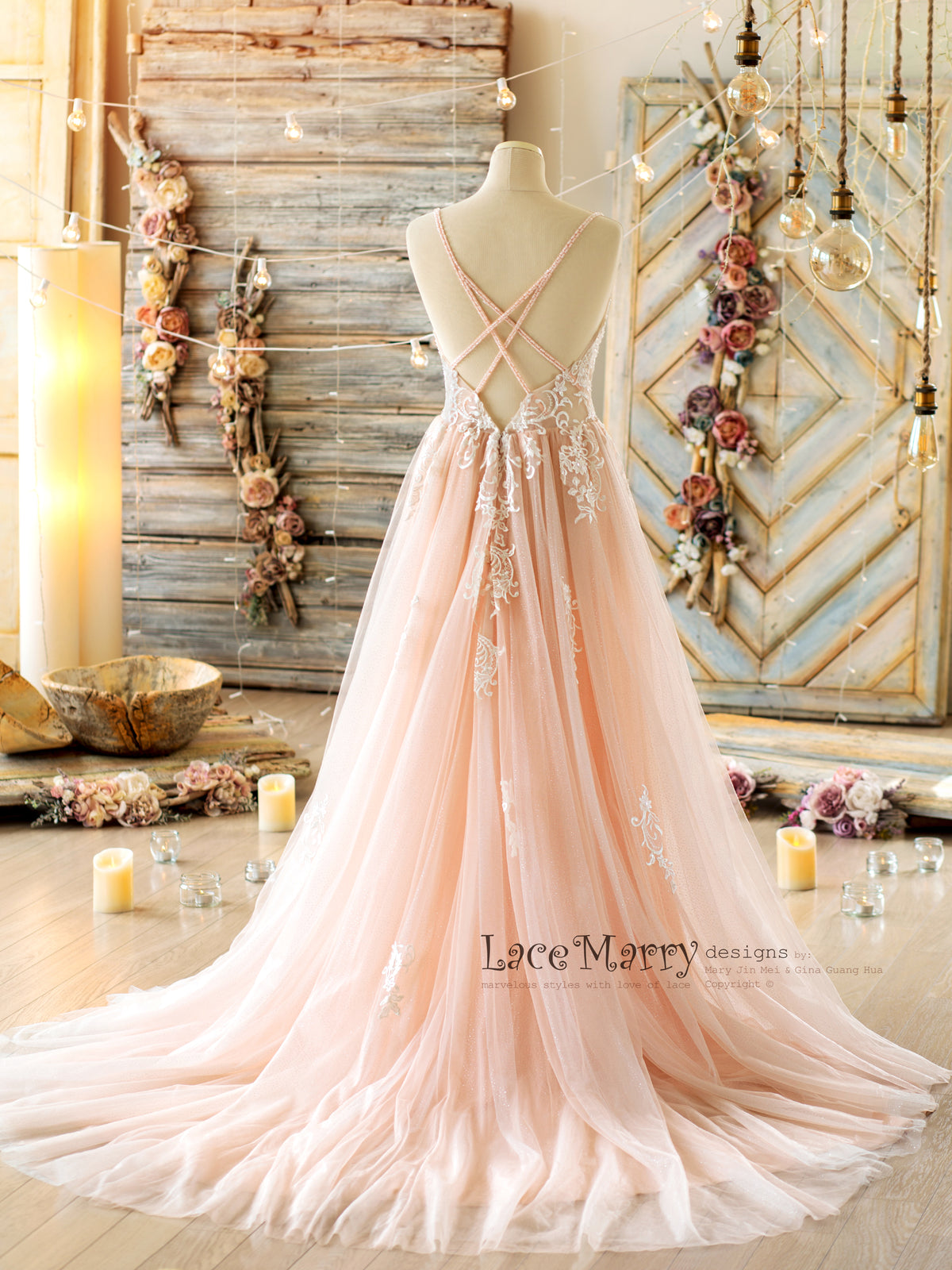 Cross Straps Back Design Blush Wedding Dress