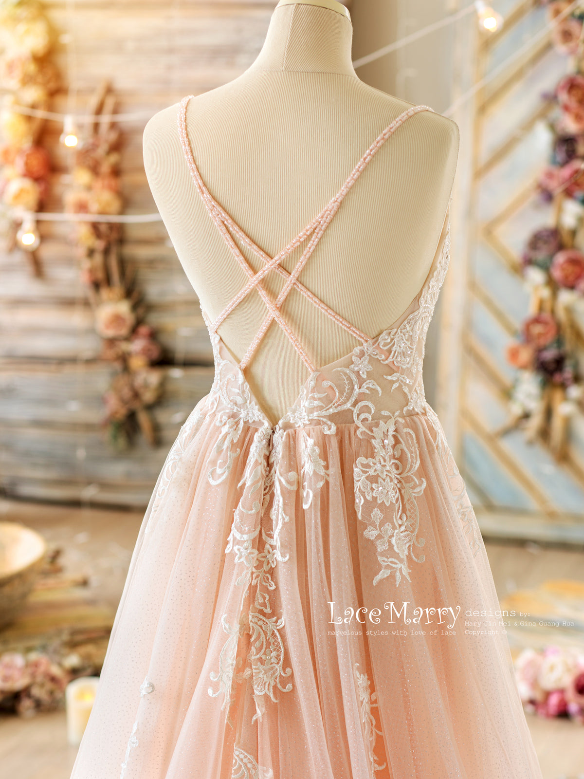 Cross Straps Back Design Blush Wedding Dress