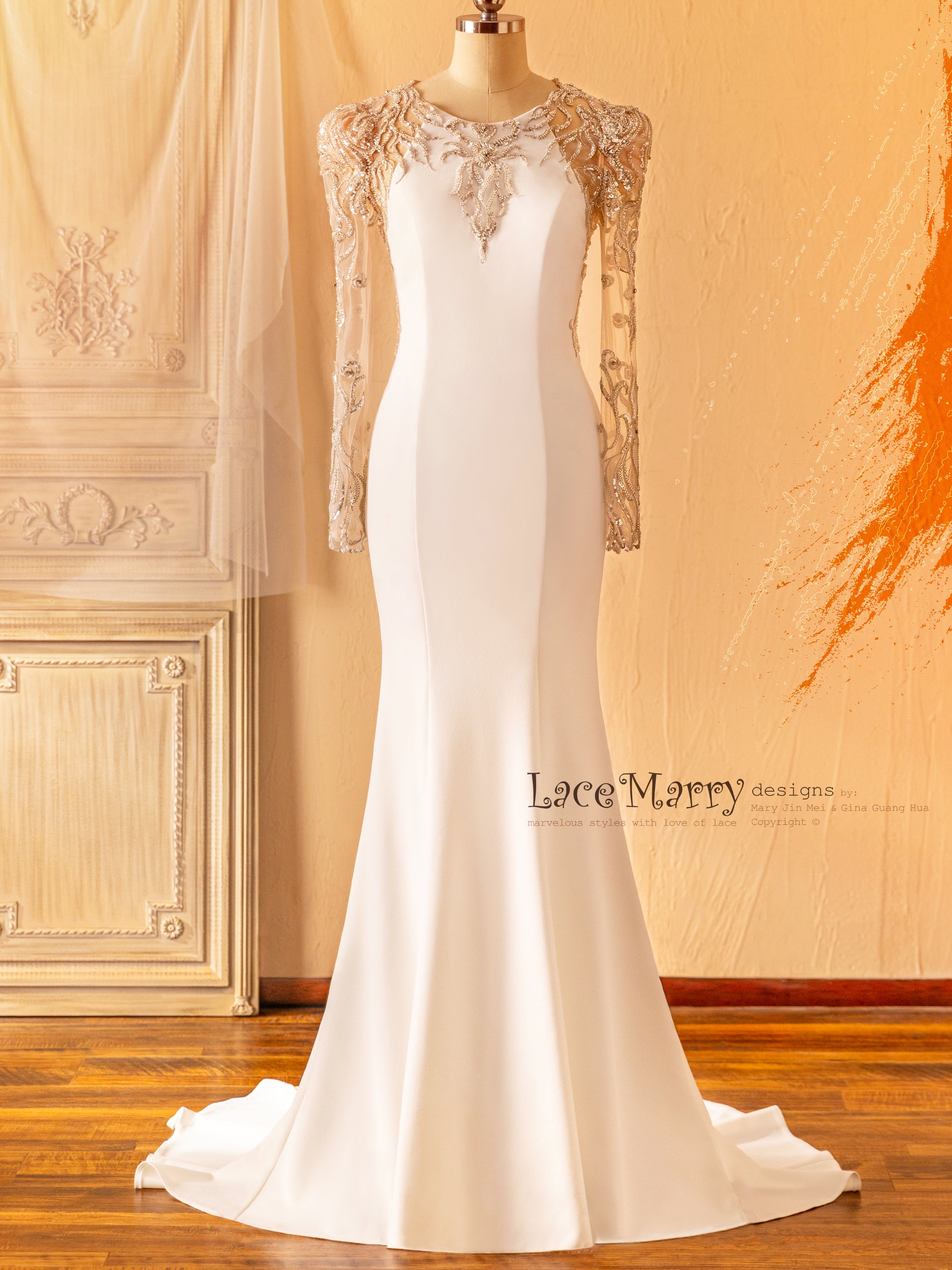 Fitted Wedding Dress with Beaded Neckline and Long Sleeves