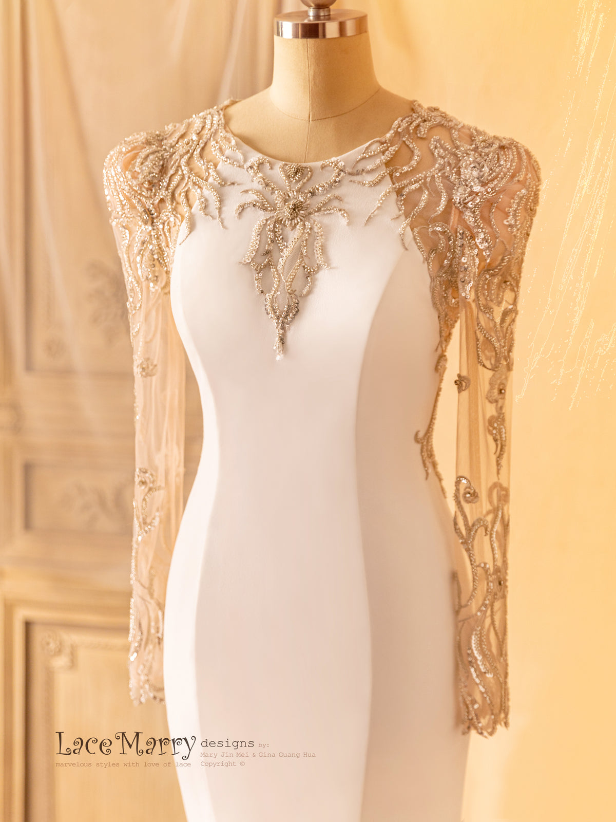Amazing Fitted Wedding Dress with Beaded Sleeves and Neckline