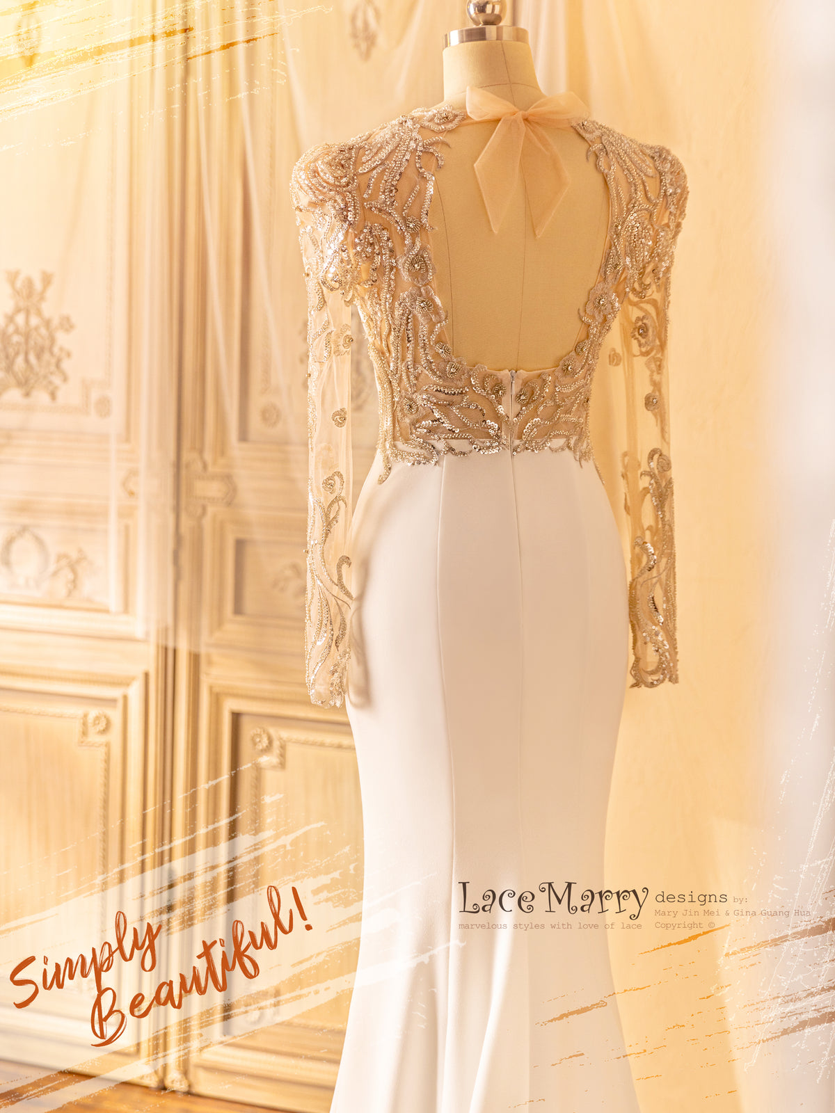 Fit and Flare Wedding Dress with Crepe Skirt and Open Back