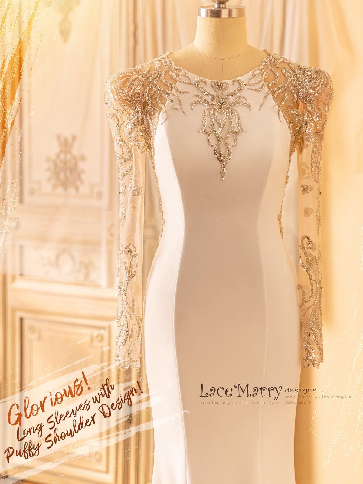 Glorious Wedding Dress with Long Sleeves and Boat Neckline