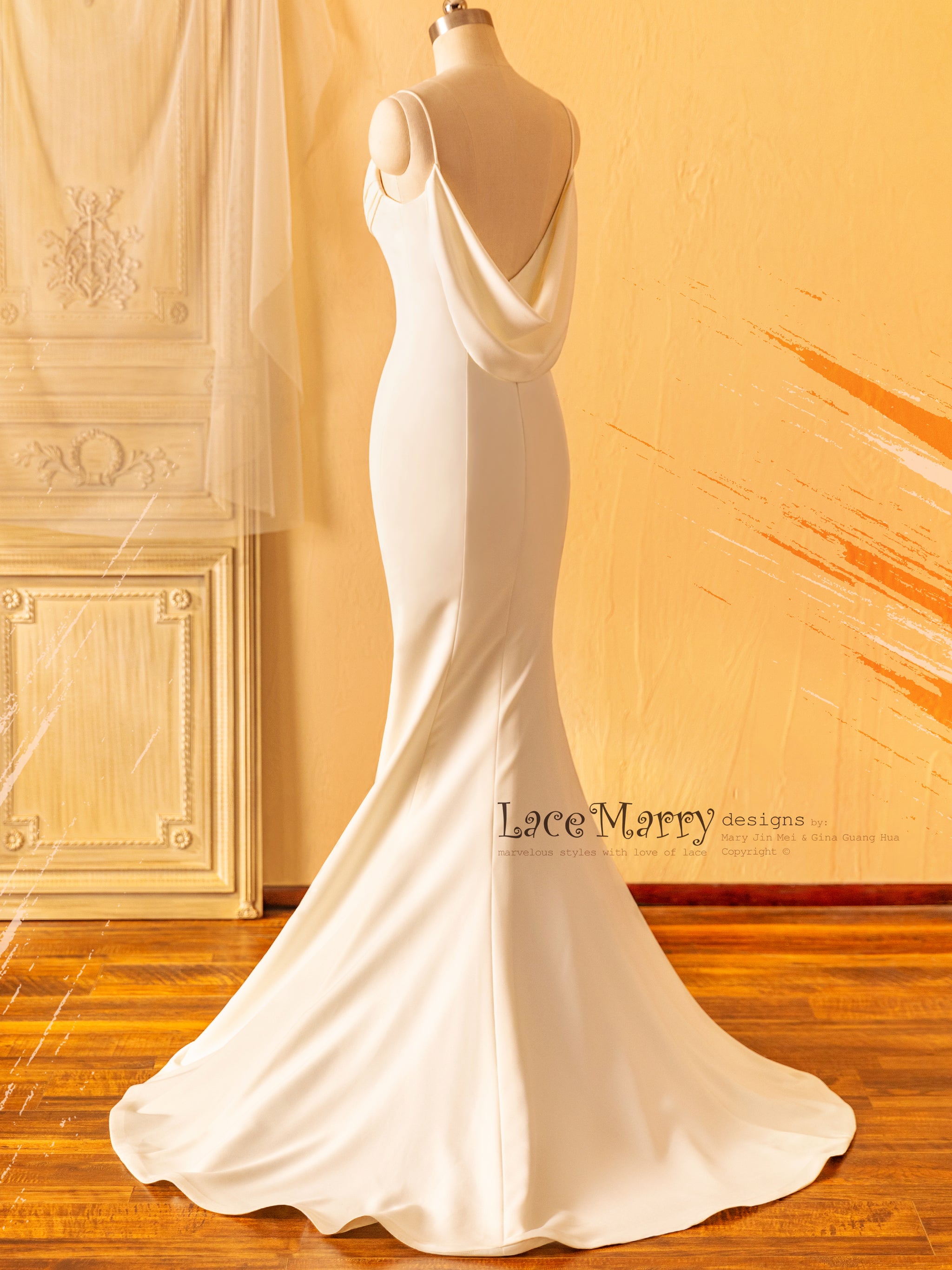 BRITA / Plain Wedding Dress with Draped Design Neckline and Back - LaceMarry BRITA / Plain Wedding Dress with Draped Design Neckline and Back - LaceMarry