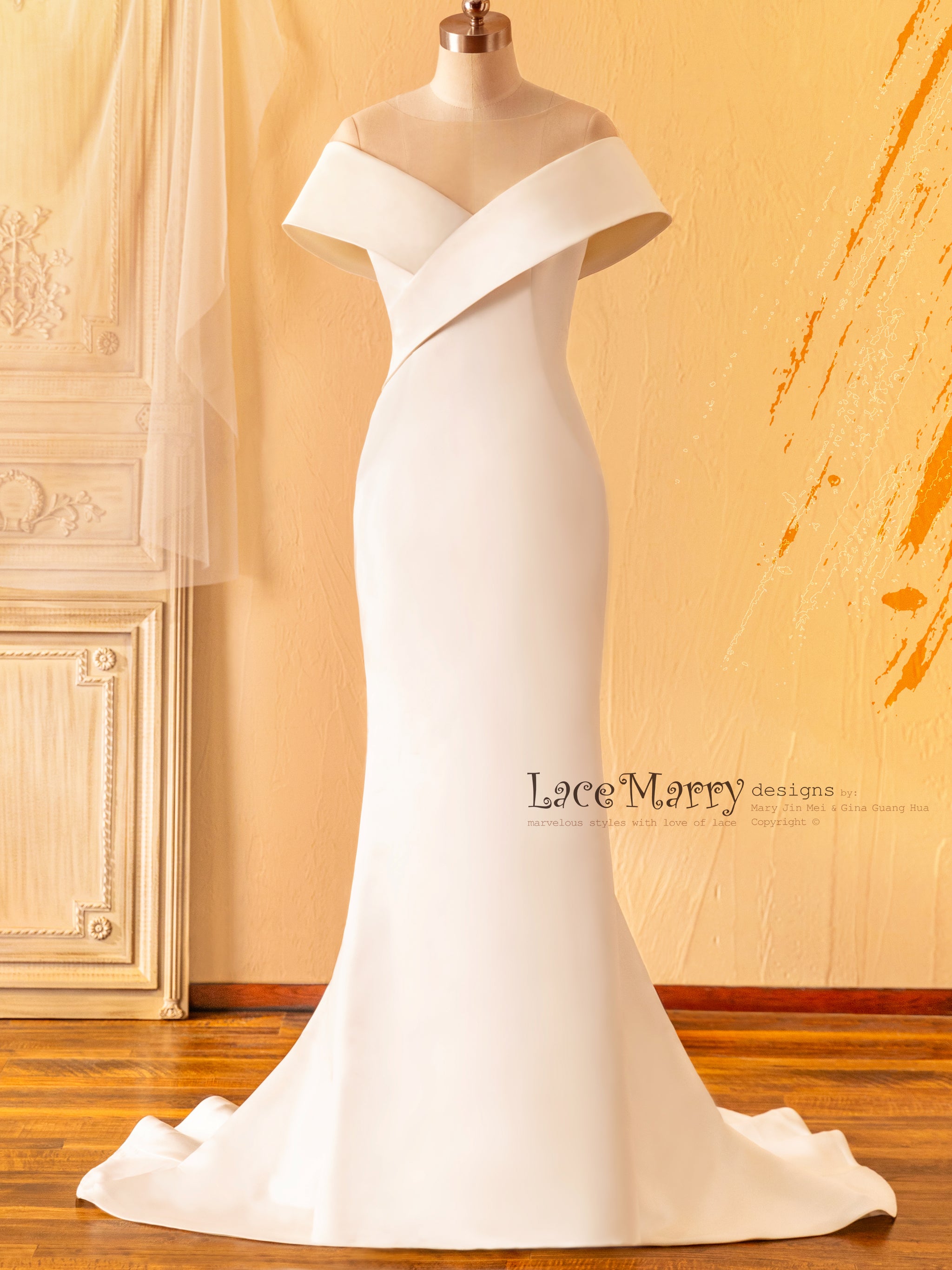 RENESMEE Off The Shoulder Design Plain Wedding Dress LaceMarry