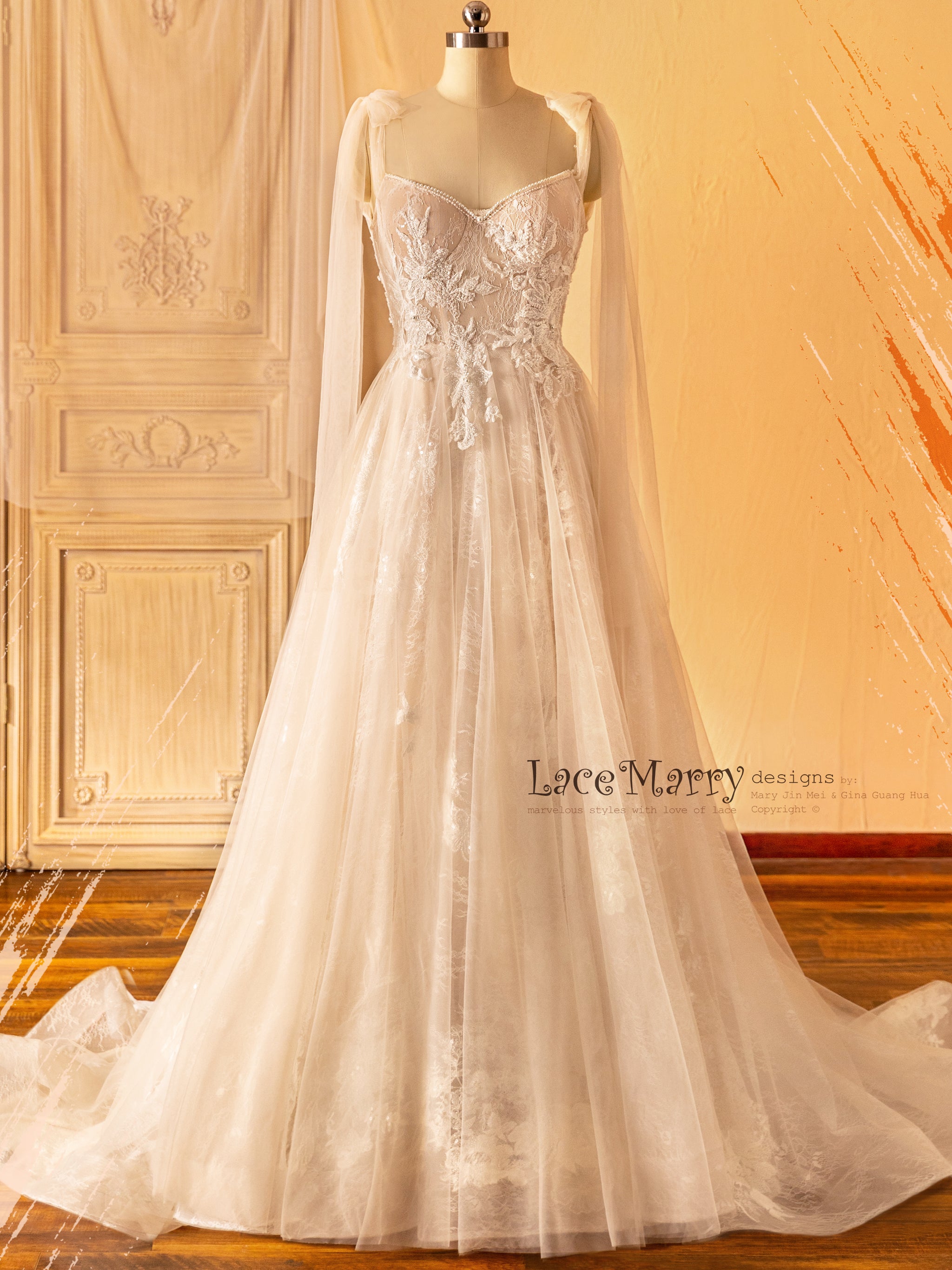 NICOLETTE / Amazing Lace Wedding Dress with Small Cape Sleeves - LaceMarry NICOLETTE / Amazing Lace Wedding Dress with Small Cape Sleeves - LaceMarry