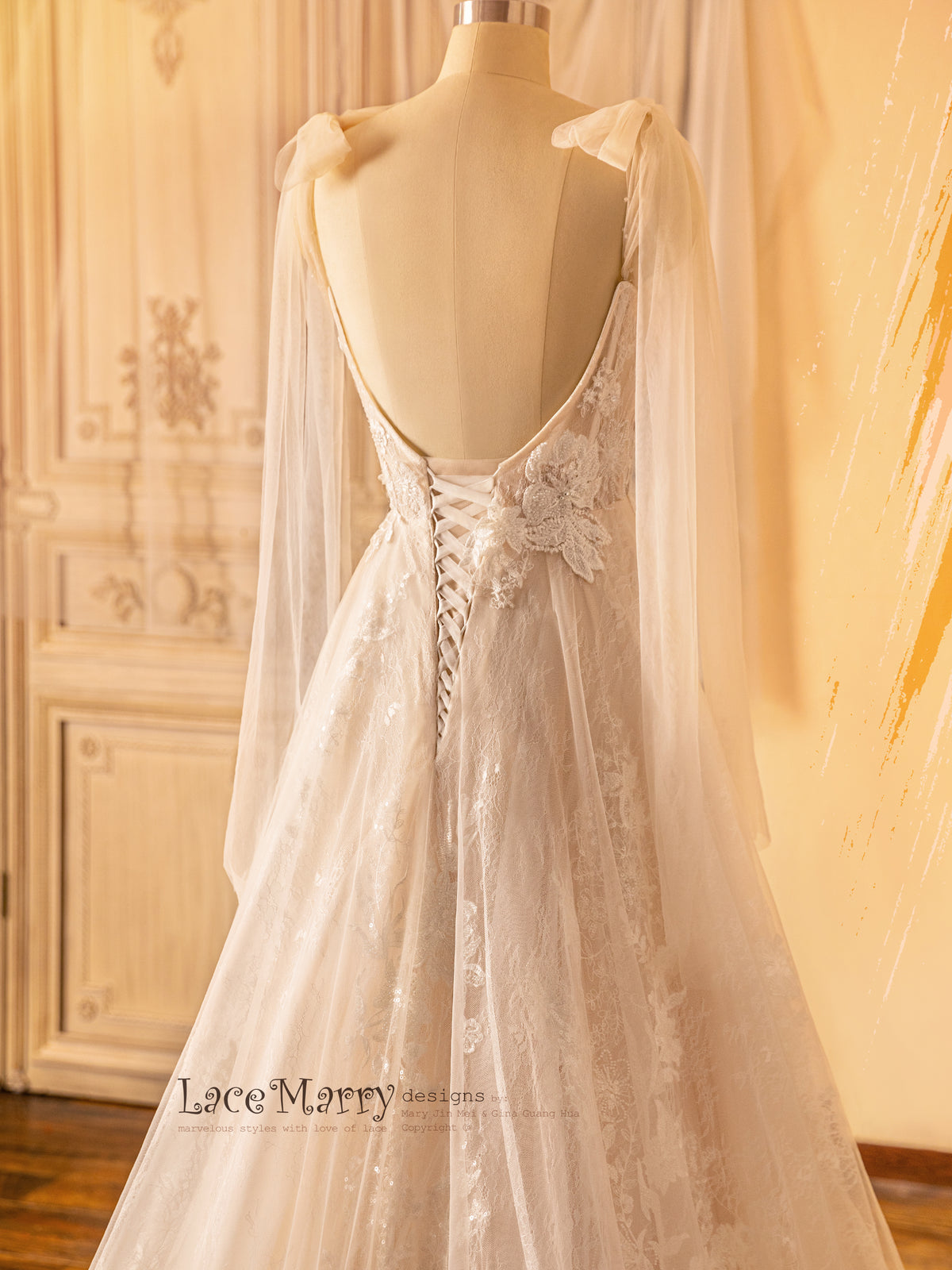Low Cut Wedding Dress with Cape Sleeves