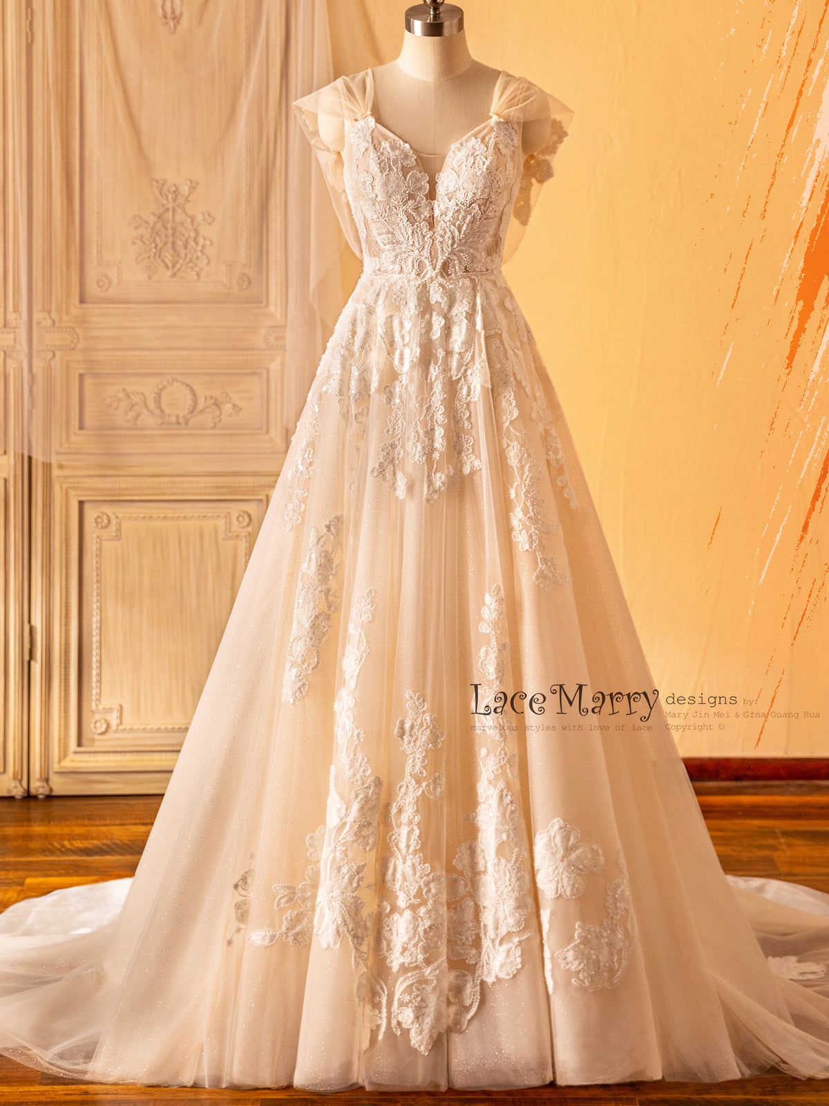 A Line Lace Wedding Dress with Cap Sleeves