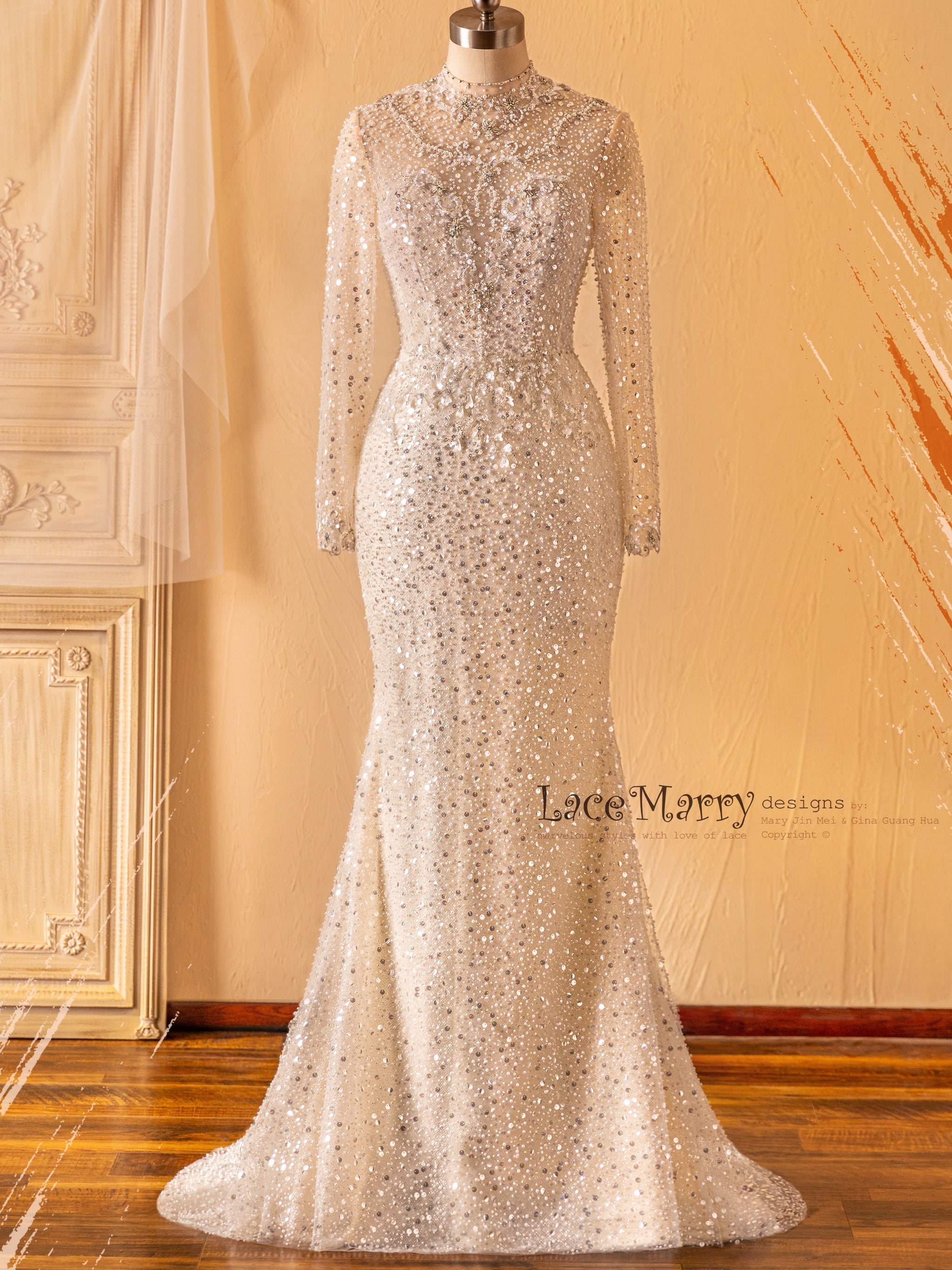 JACINDA / All Over Beaded Wedding Dress with Long Sleeves - LaceMarry JACINDA / All Over Beaded Wedding Dress with Long Sleeves - LaceMarry
