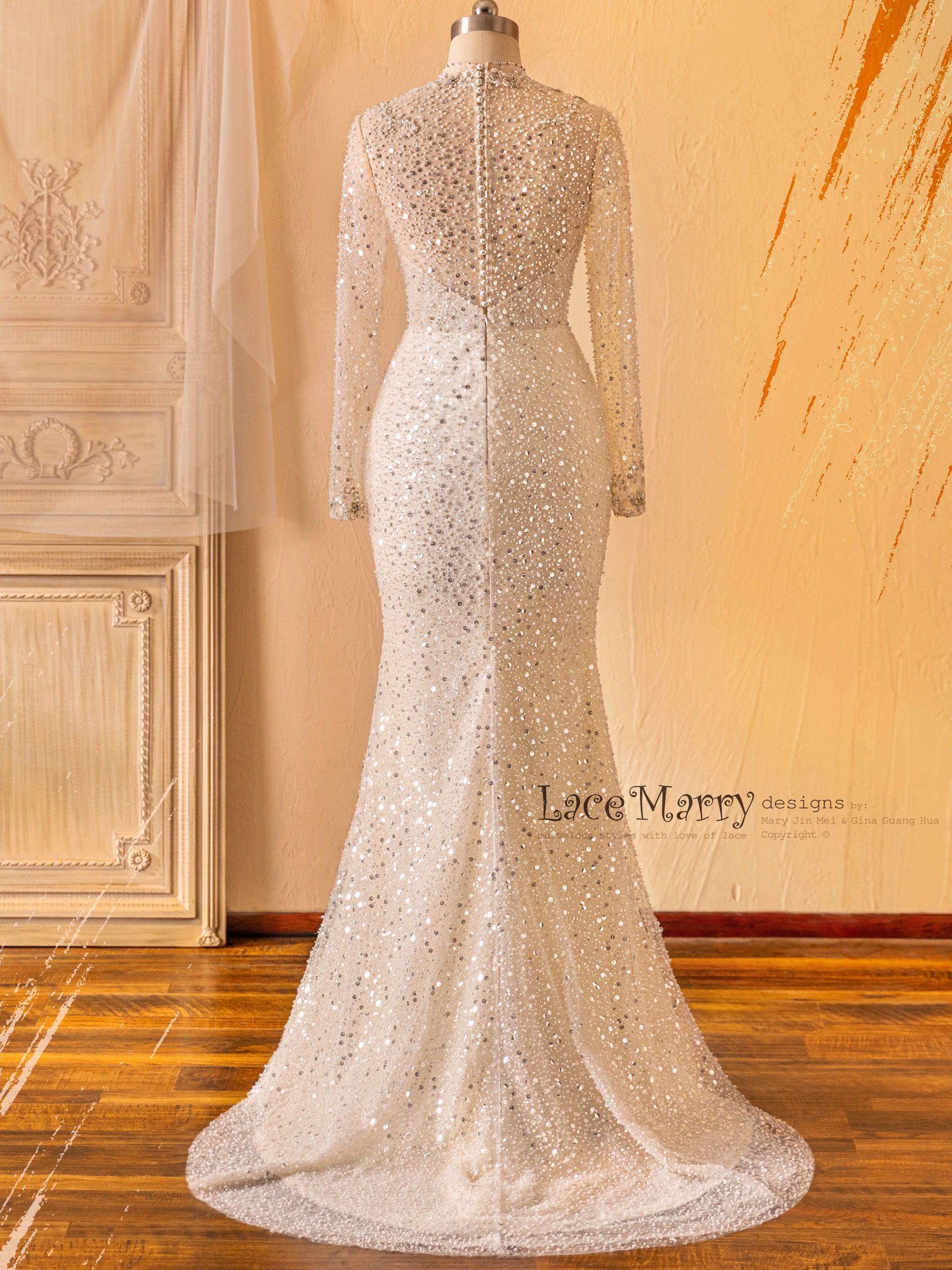 JACINDA / All Over Beaded Wedding Dress with Long Sleeves - LaceMarry JACINDA / All Over Beaded Wedding Dress with Long Sleeves - LaceMarry