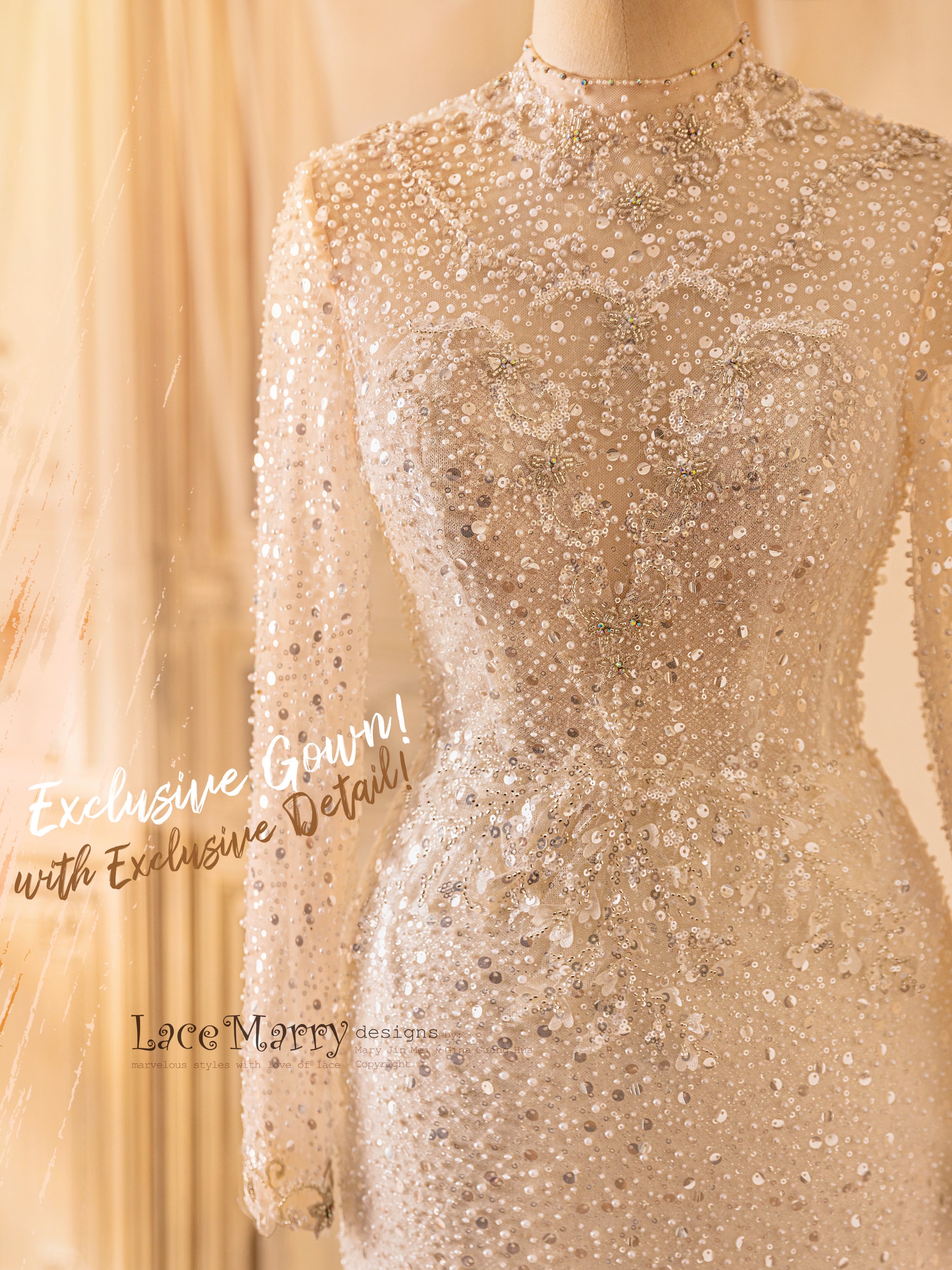 JACINDA / All Over Beaded Wedding Dress with Long Sleeves - LaceMarry JACINDA / All Over Beaded Wedding Dress with Long Sleeves - LaceMarry