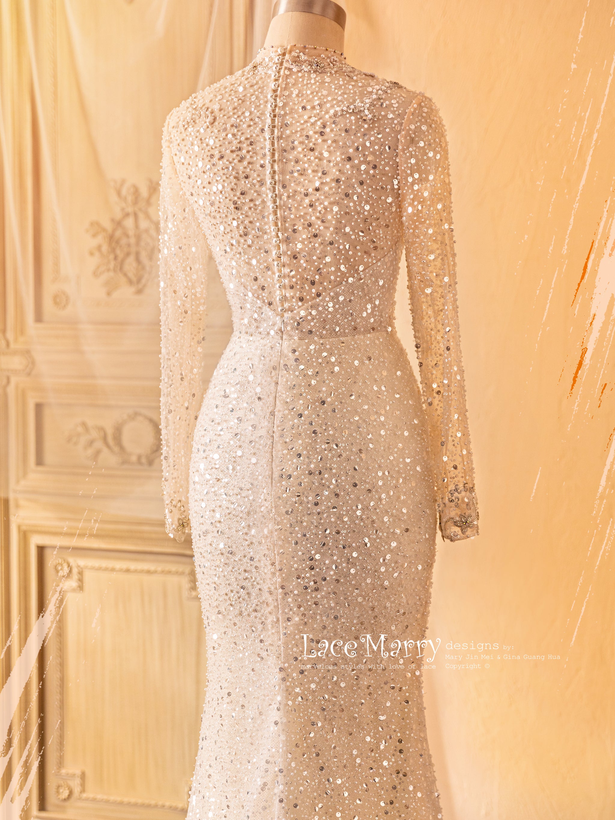 JACINDA / All Over Beaded Wedding Dress with Long Sleeves - LaceMarry JACINDA / All Over Beaded Wedding Dress with Long Sleeves - LaceMarry