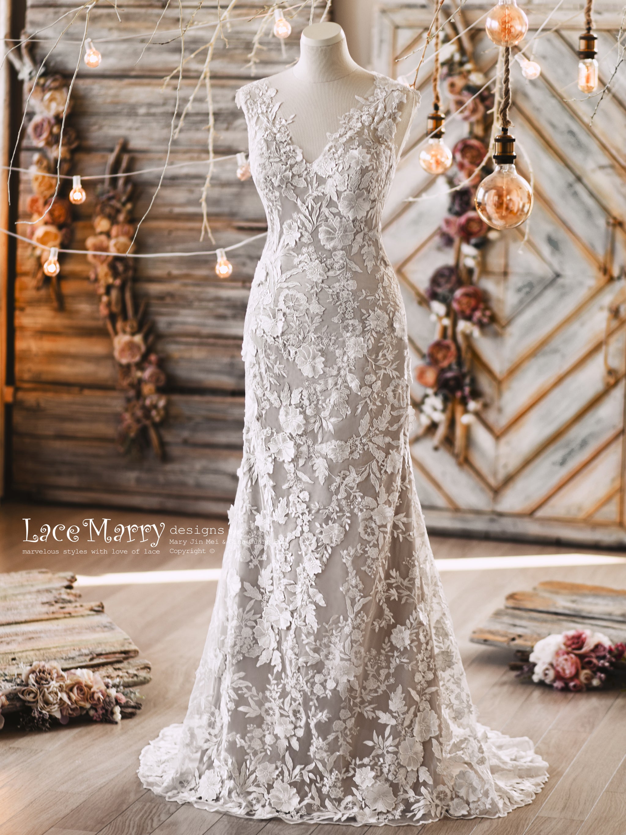MARIE / Boho Wedding Dress with Colored Underlay - LaceMarry MARIE / Boho Wedding Dress with Colored Underlay - LaceMarry