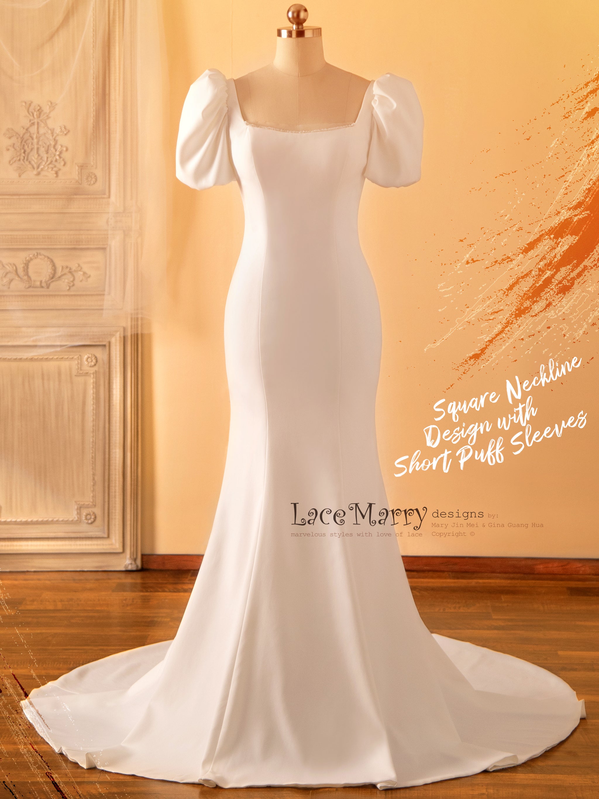 MADIA / Square Neckline Wedding Dress with Short Puff Sleeves - LaceMarry