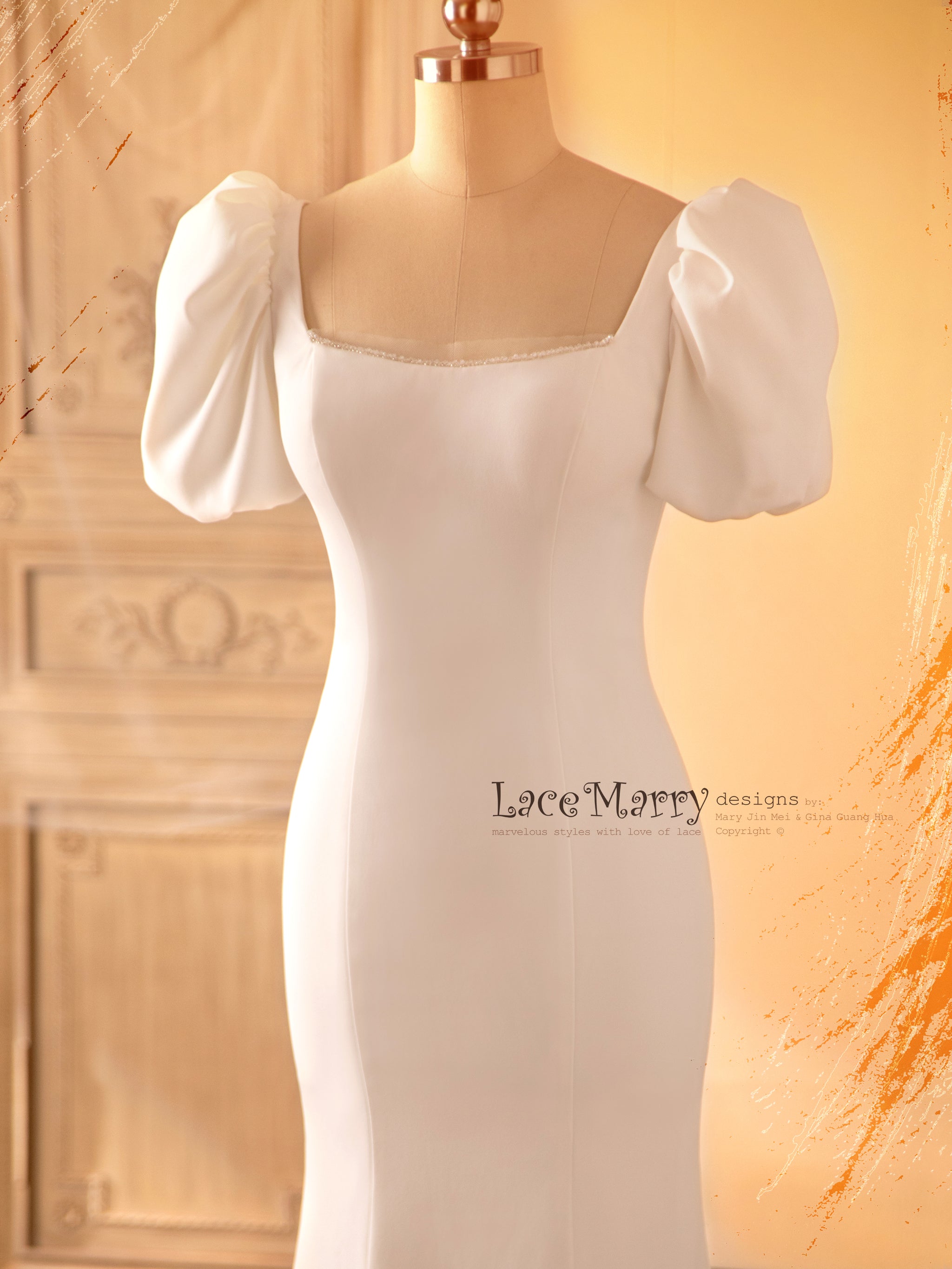 MADIA / Square Neckline Wedding Dress with Short Puff Sleeves