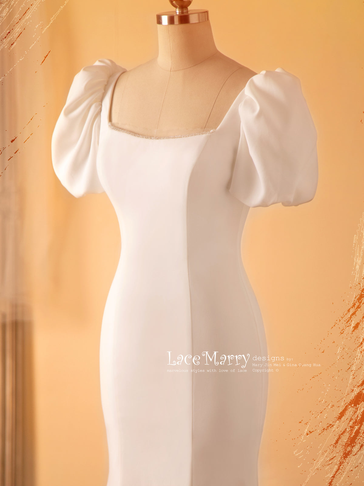 MADIA / Square Neckline Wedding Dress with Short Puff Sleeves