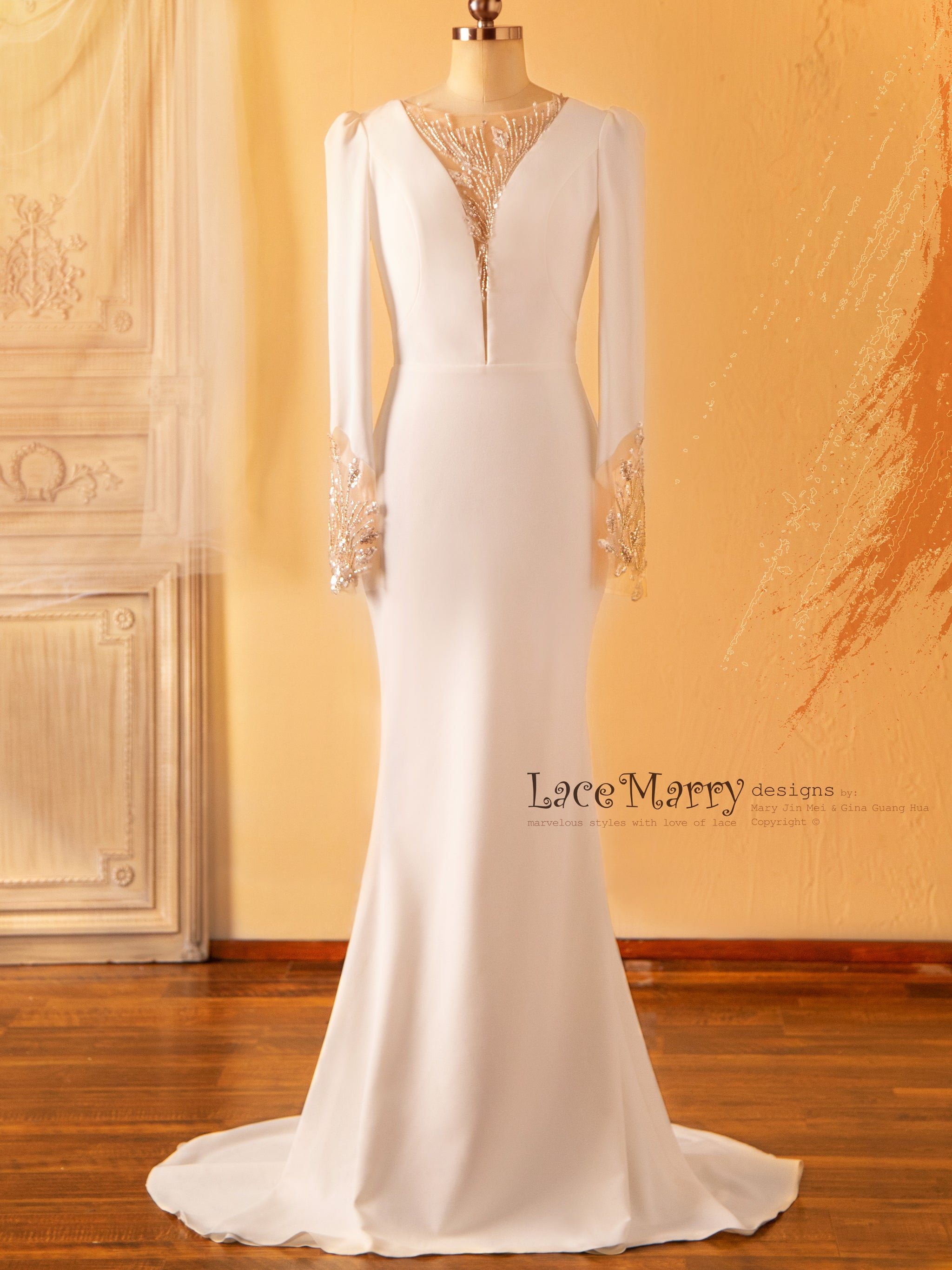 MARIBEL / Plain Wedding Dress with Deep Plunge Neck - LaceMarry MARIBEL / Plain Wedding Dress with Deep Plunge Neck - LaceMarry