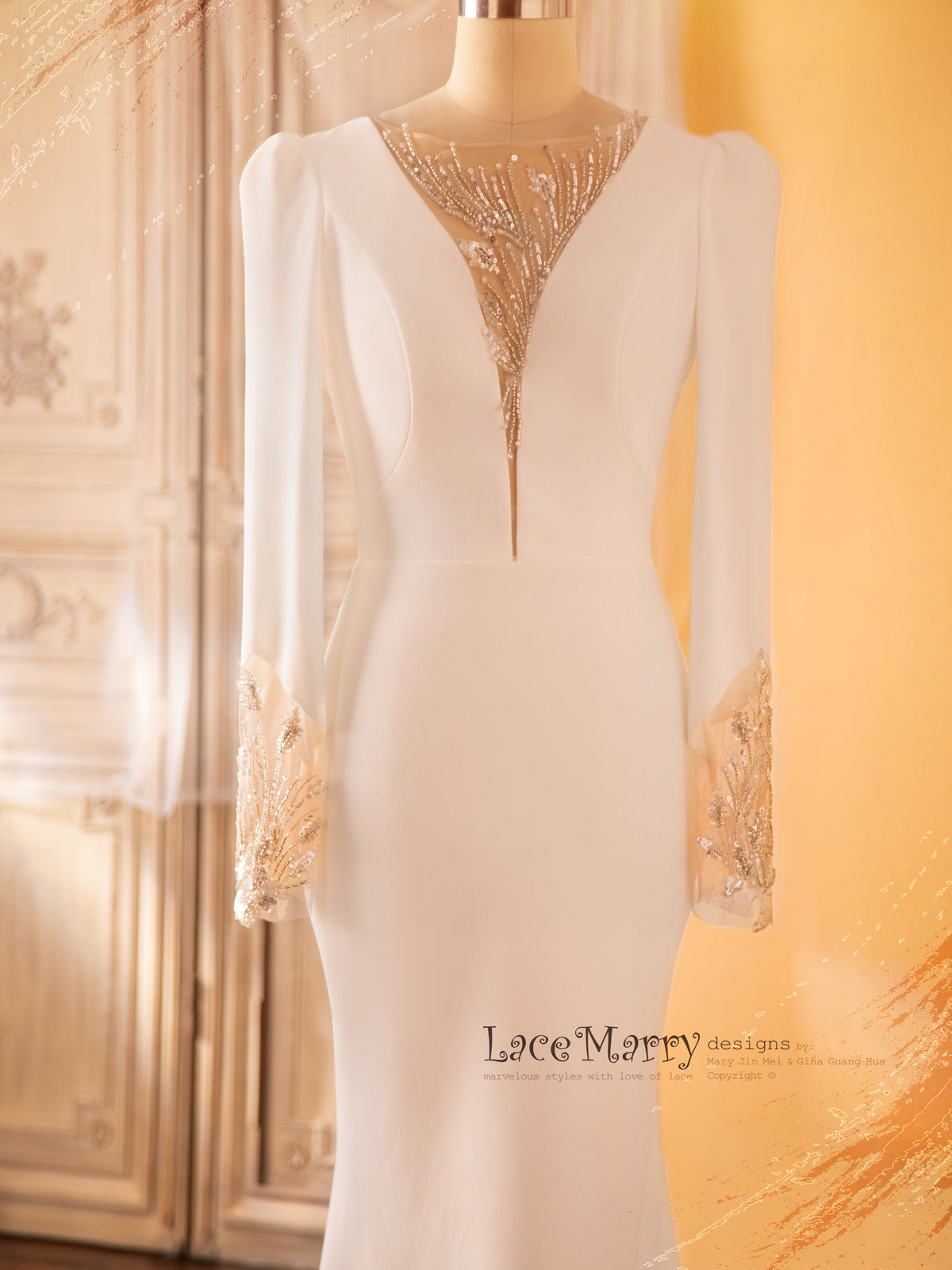 MARIBEL / Plain Wedding Dress with Deep Plunge Neck
