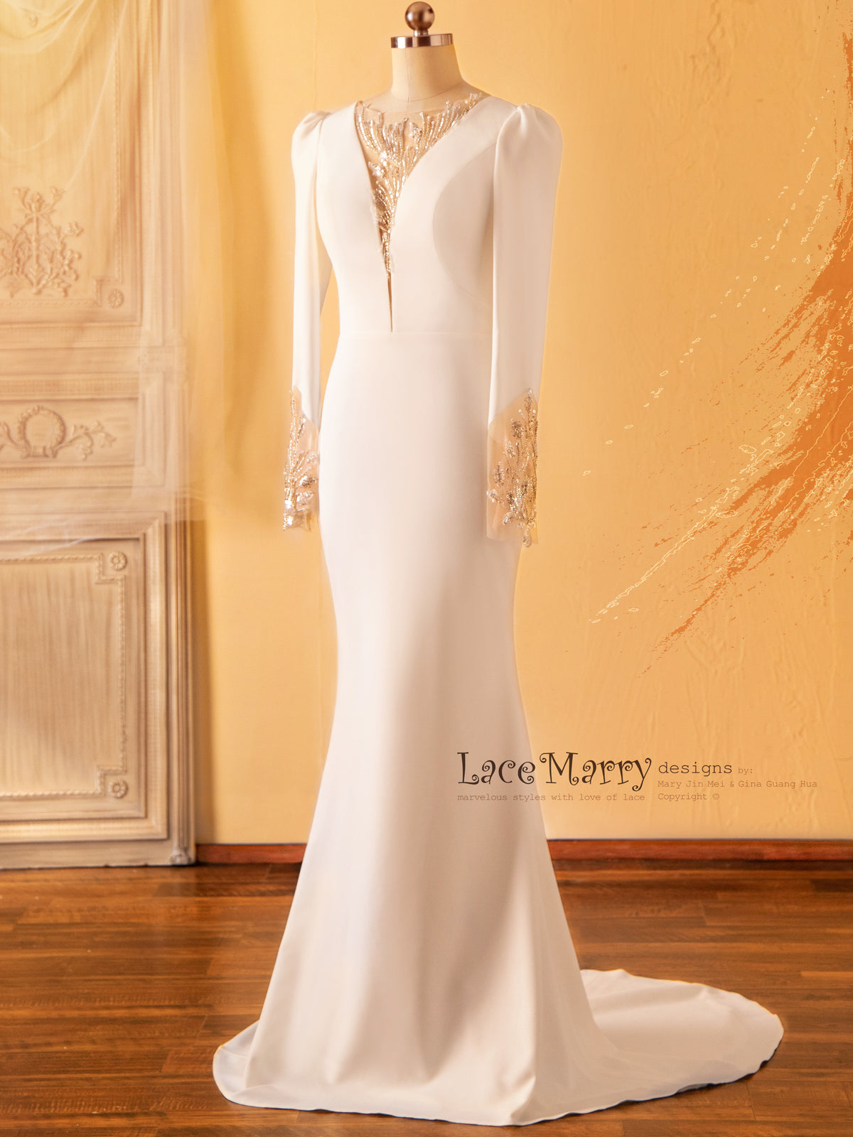 MARIBEL / Plain Wedding Dress with Deep Plunge Neck