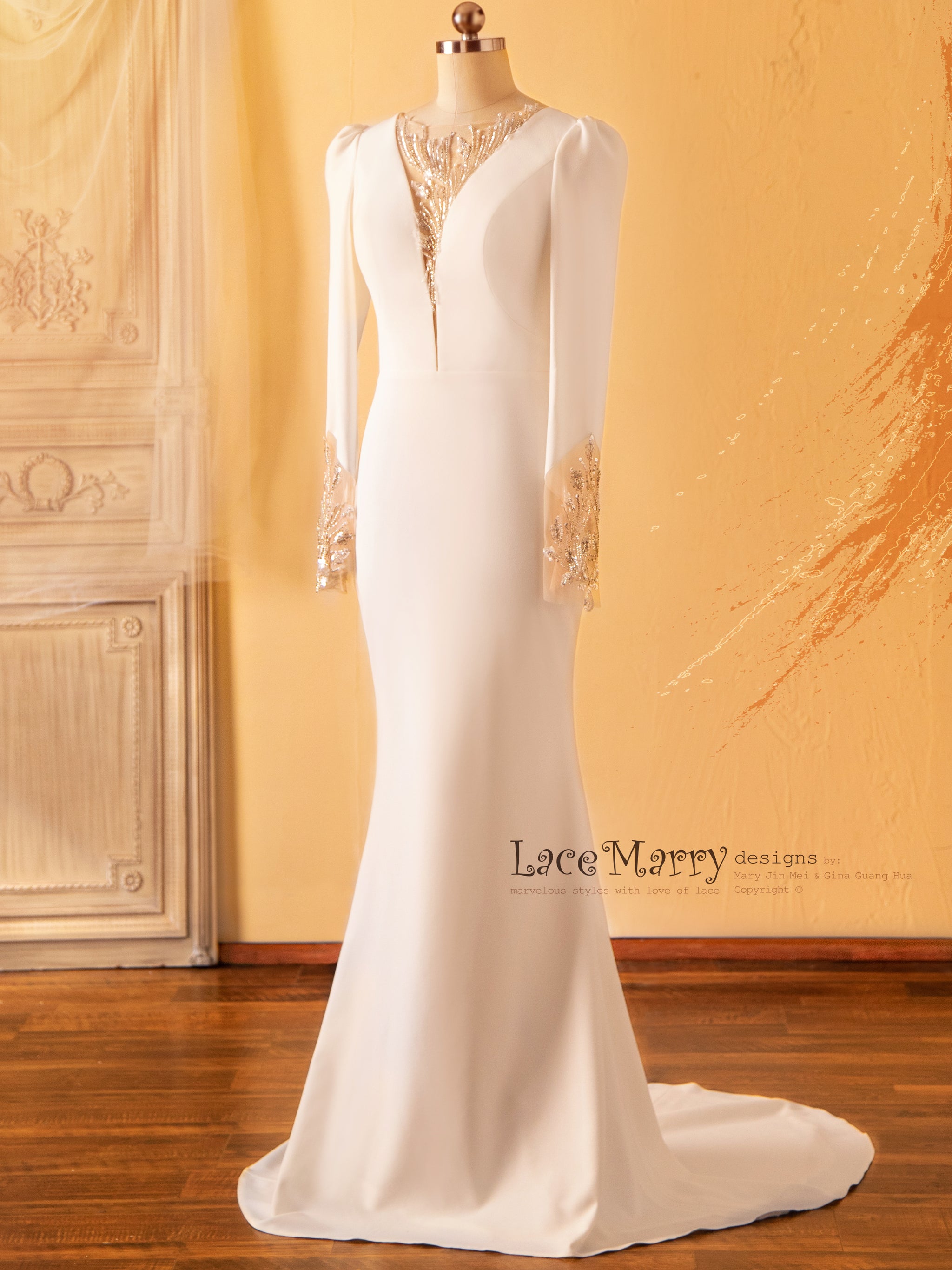 MARIBEL / Plain Wedding Dress with Deep Plunge Neck - LaceMarry MARIBEL / Plain Wedding Dress with Deep Plunge Neck - LaceMarry