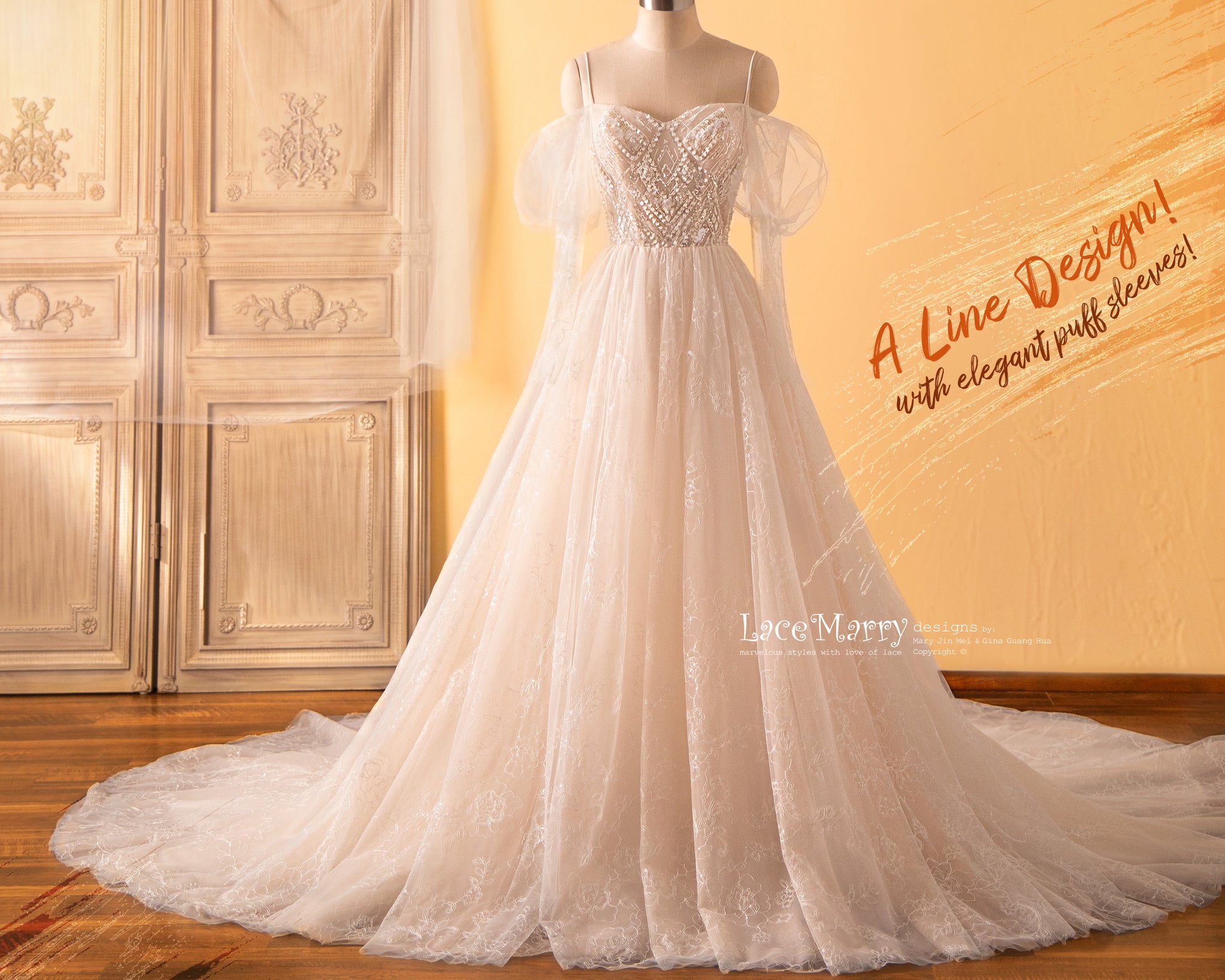ASRANA / A Line Wedding Dress with Puff Shoulders Design - LaceMarry ASRANA / A Line Wedding Dress with Puff Shoulders Design - LaceMarry