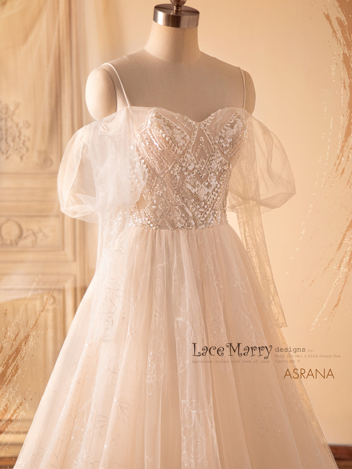 ASRANA / A Line Wedding Dress with Puff Shoulders Design