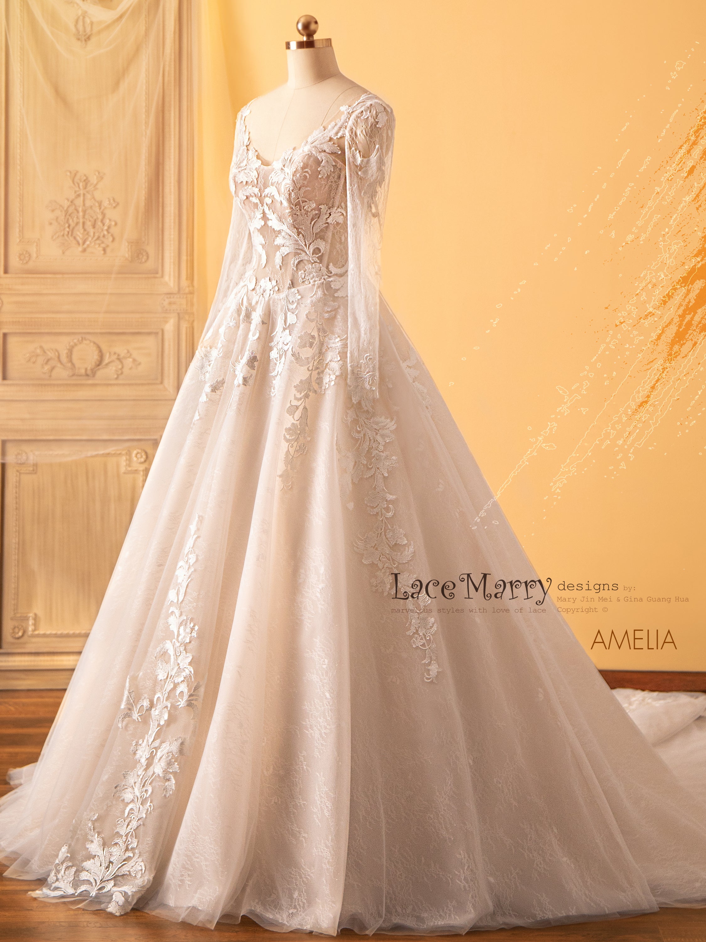 AMELIA / A-Line Wedding Dress with Long Sleeves - LaceMarry